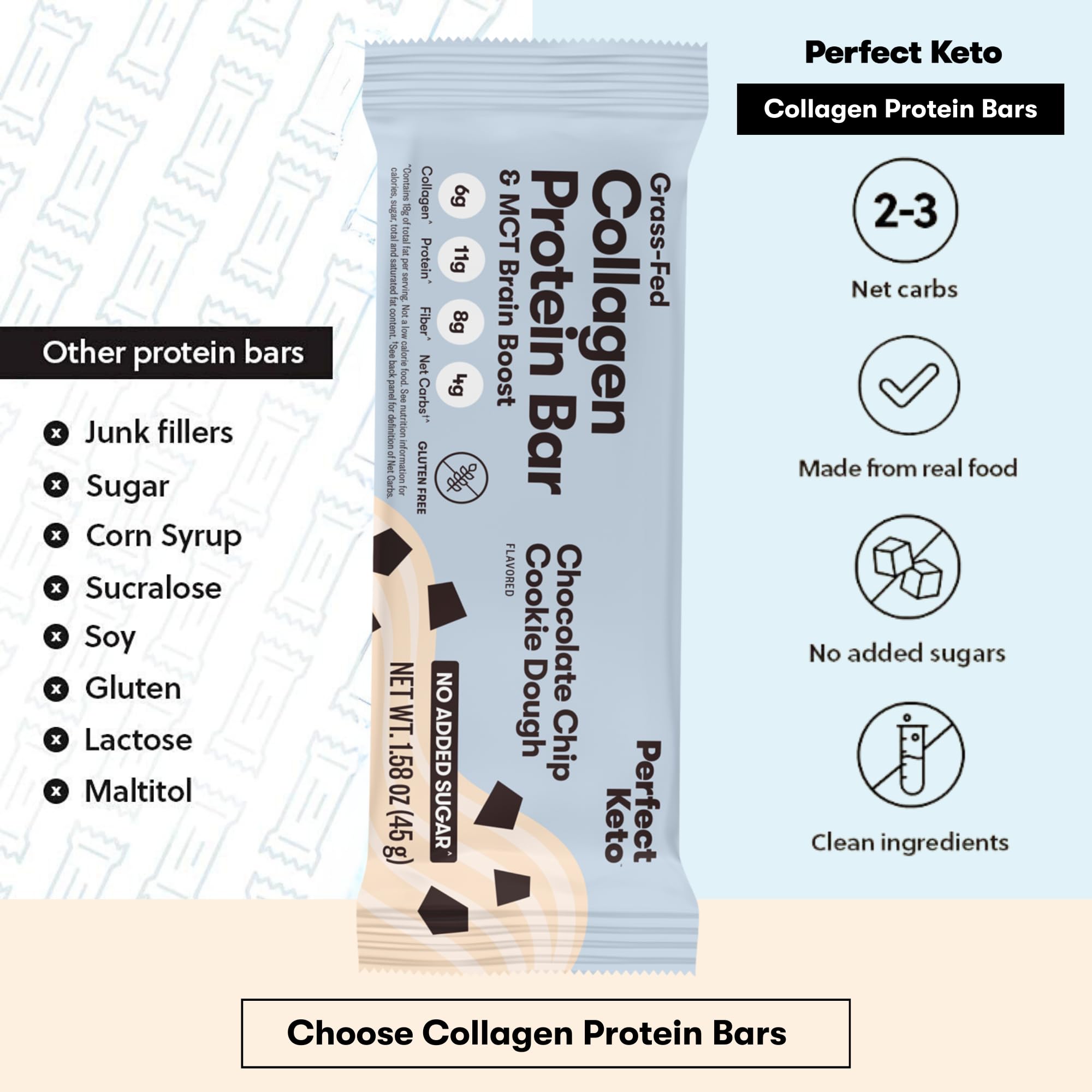 Barras Perfect Keto Collagen chispas cacao: textura suave y sabor rico, proteico