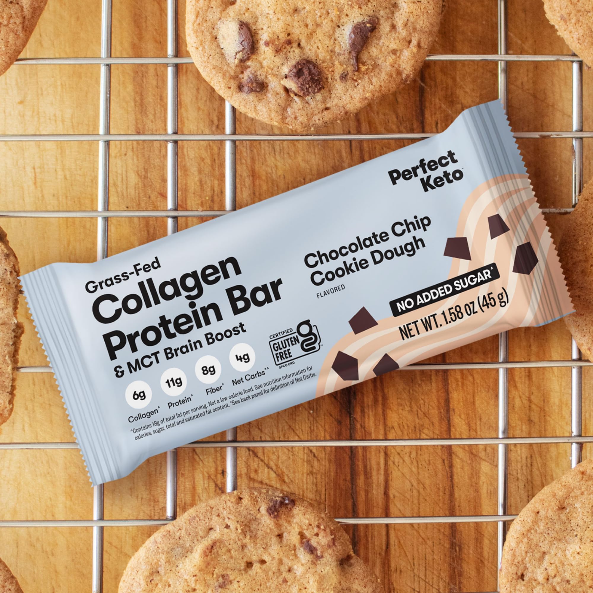 Barras Perfect Keto Collagen chocolate chip detalle: chispas de cacao para energía sostenida