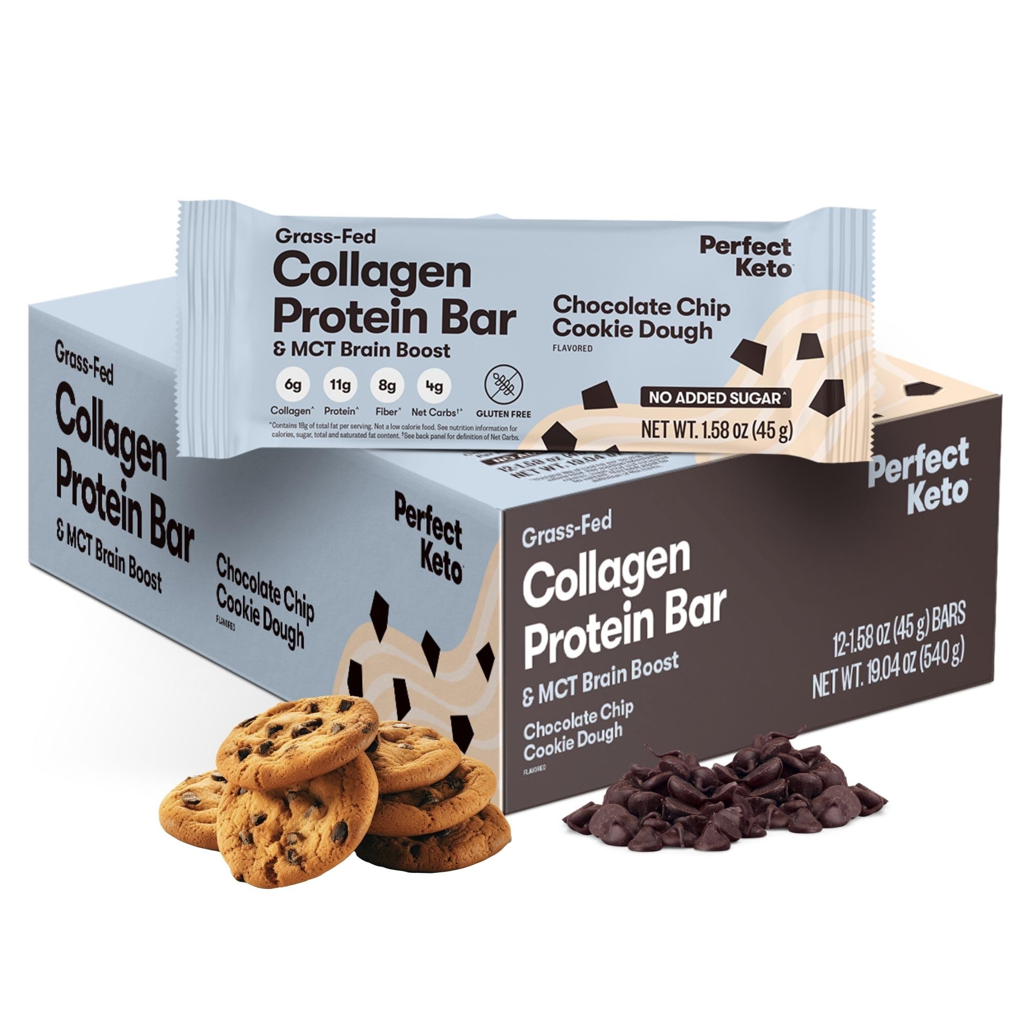 Barras Perfect Keto Collagen chocolate chip en empaque: snack keto práctico para llevar