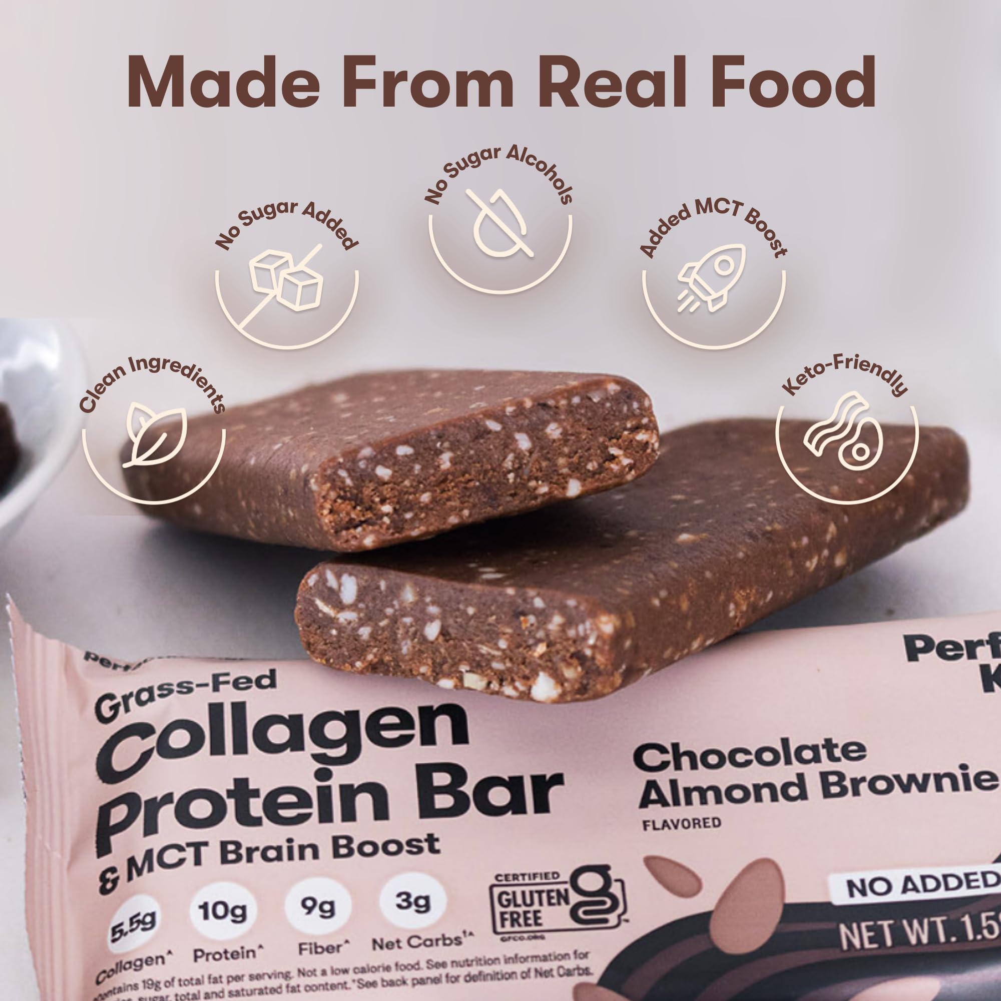 Barra Perfect Keto con etiqueta sin azúcares añadidos para dieta keto