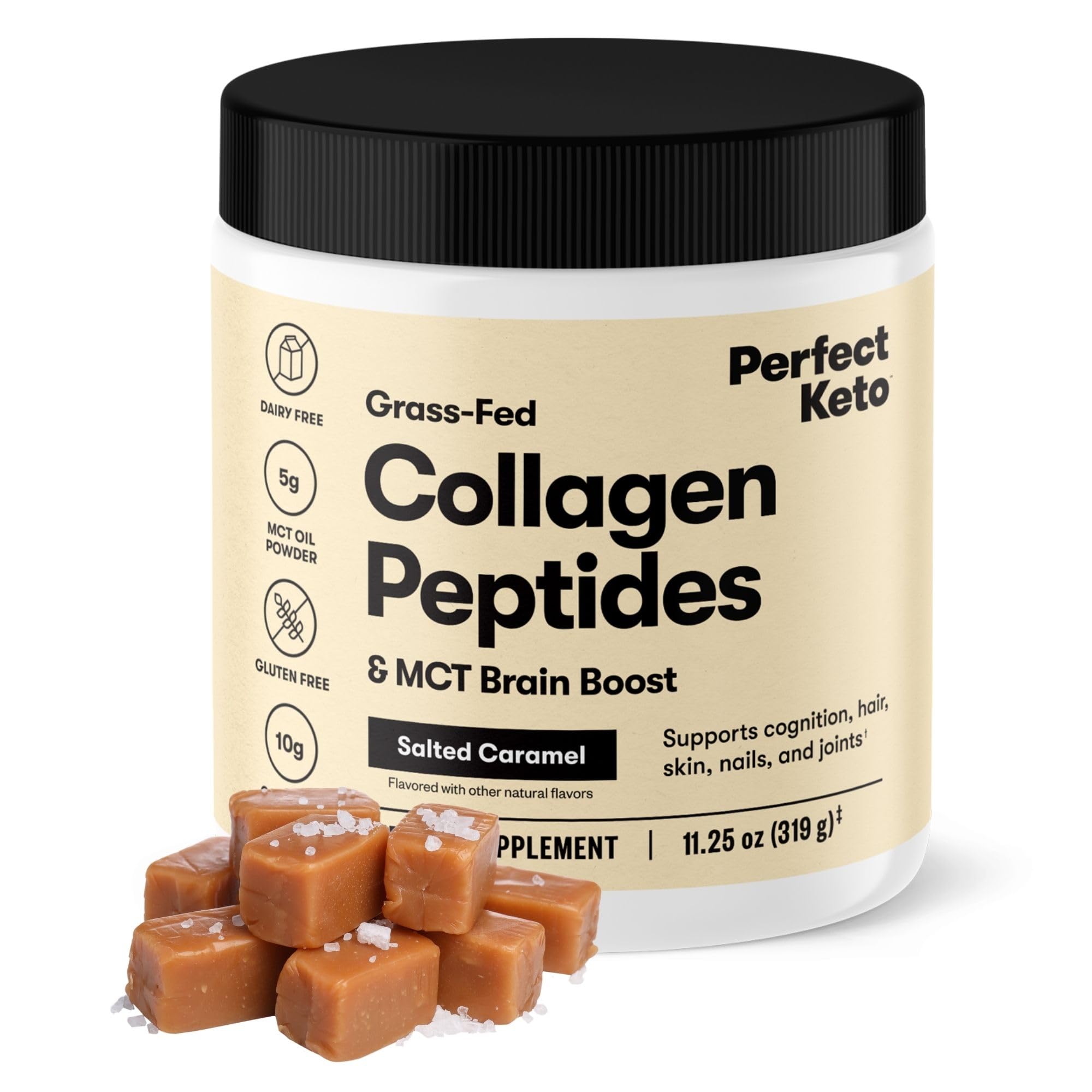 Perfect Keto Collagen Peptides Salted Caramel frente de la botella para energía sostenida.
