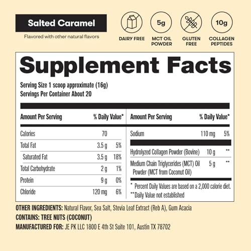 Perfect Keto Collagen Peptides Salted Caramel porcion medida incluida para mezcla rápida.