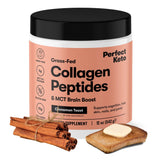 Perfect Keto colágeno Cinnamon Toast, envase visible, sabor delicioso y proteína de rápida absorción.