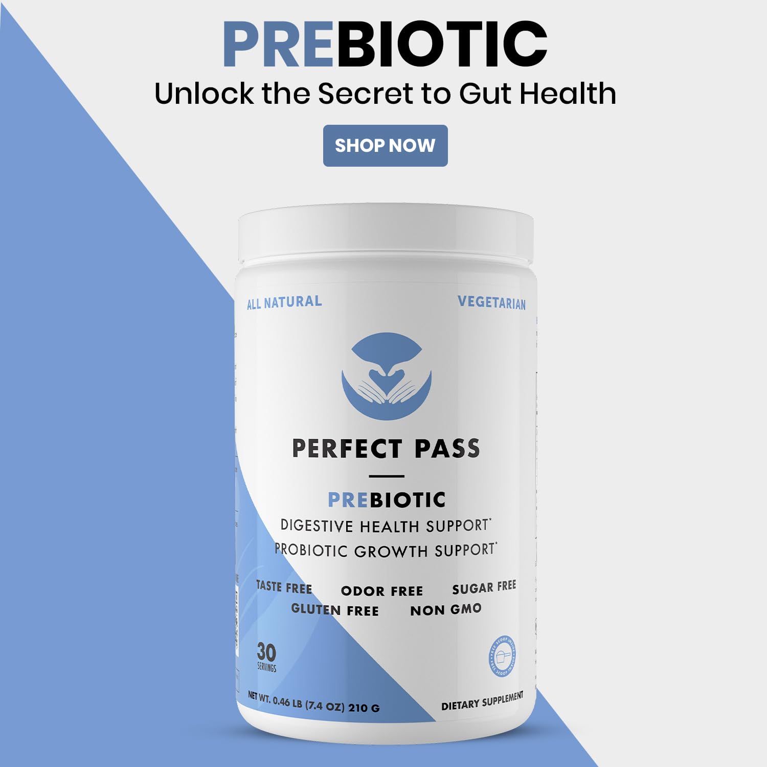 PERFECT PASS Prebiótico PHGG, taza con cucharita medidora, dosis precisa para tu rutina.