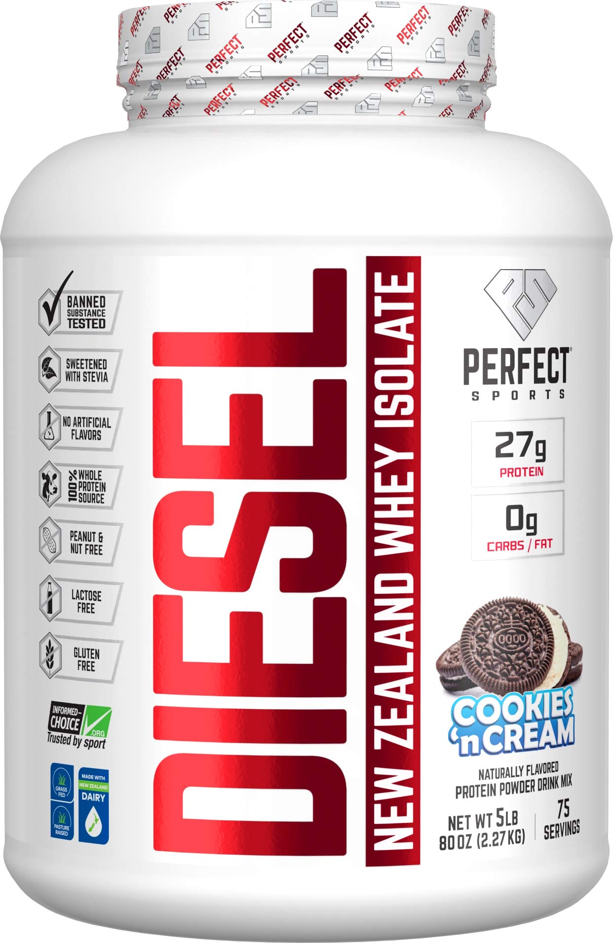 PERFECT SPORTS Diesel 100% NZ Aislado de Suero, bote de 5 libras, apoyo muscular diario.
