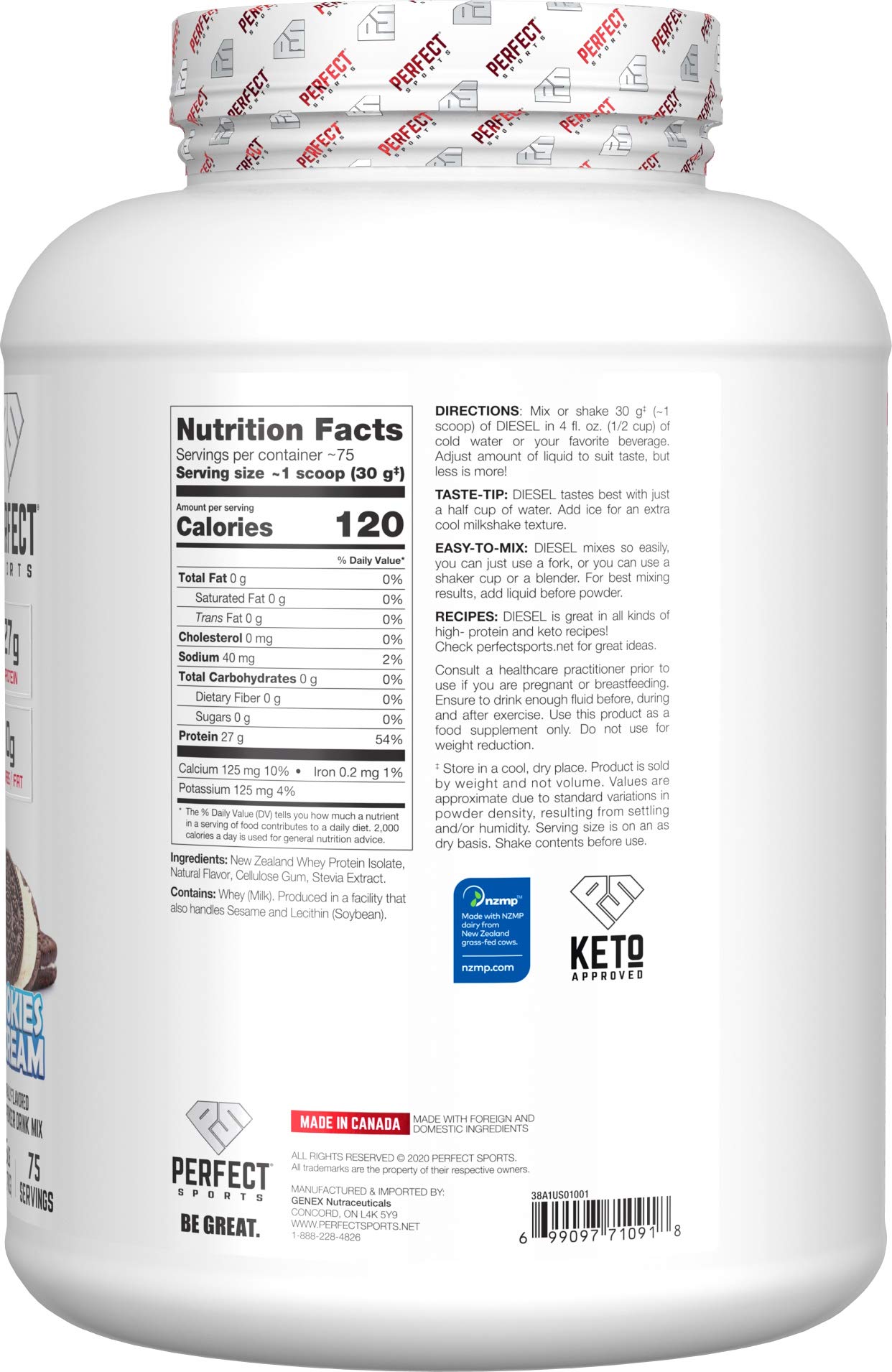 PERFECT SPORTS Diesel 100% NZ Aislado de Suero, cuchara de dosis, batidos rápidos.