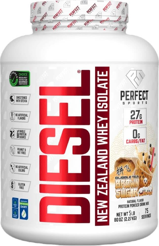 PERFECT SPORTS Diesel, envase 5lb, batido proteico con proteína de Nueva Zelanda para recuperación muscular.
