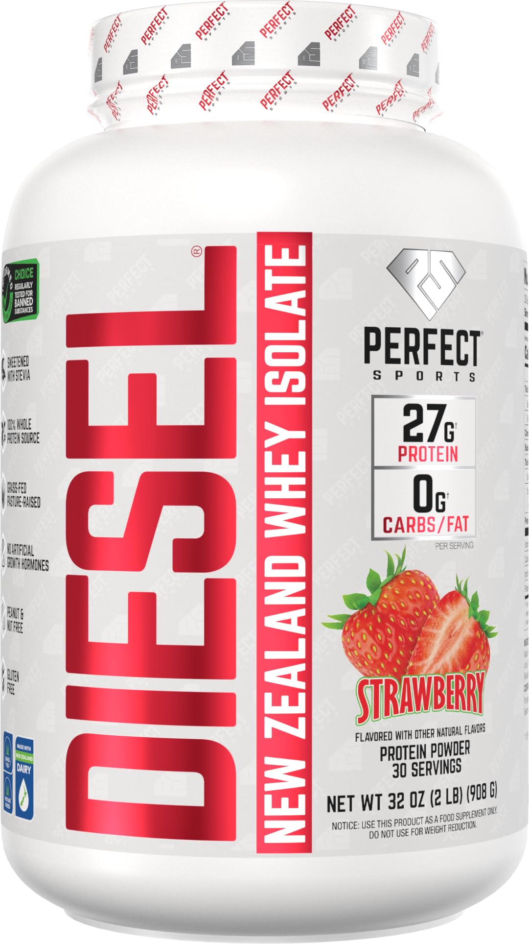 Perfect Sports Diesel, proteína aislada de suero, sabor fresa, batido suave para entrenar