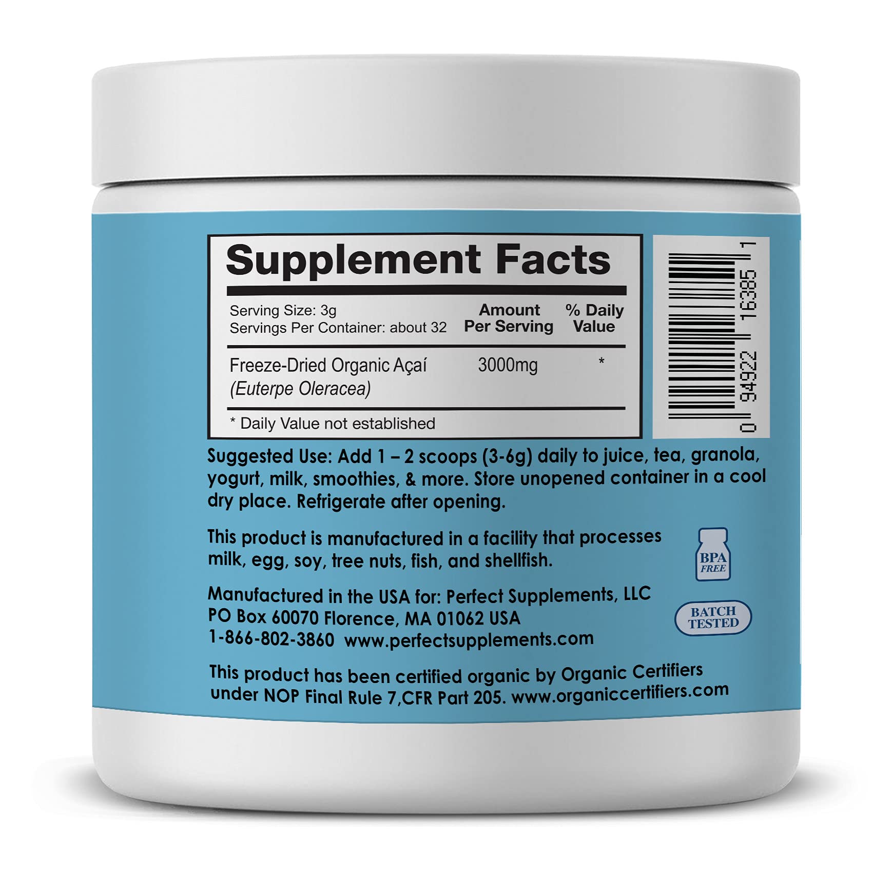 Polvo de Acai de Perfect Supplements en cuchara, refuerzo diario para energía