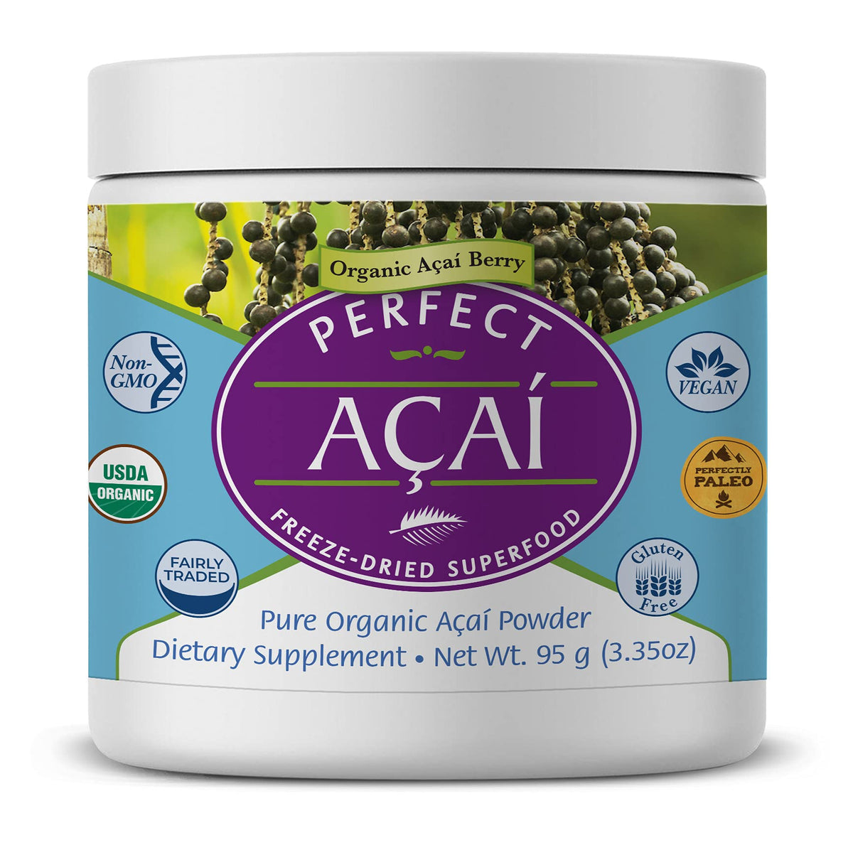 Perfect Supplements Acai polvo orgánico en envase, ideal para añadir a batidos