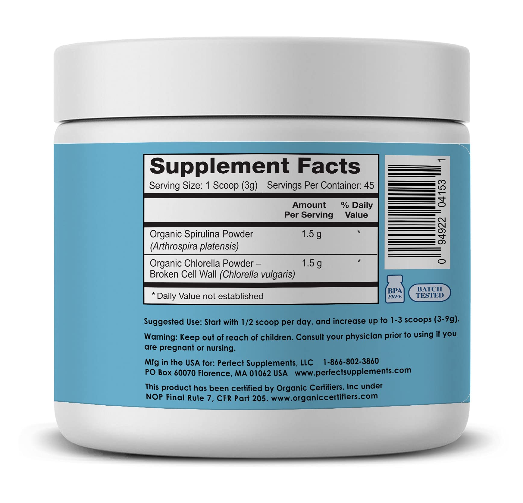Perfect Supplements Aquatic Greens, bote de 135 g para uso diario.