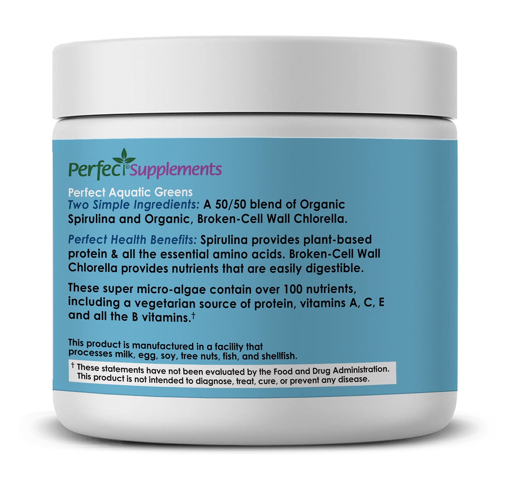 Perfect Supplements Aquatic Greens mezcla 50-50 espirulina clorella.