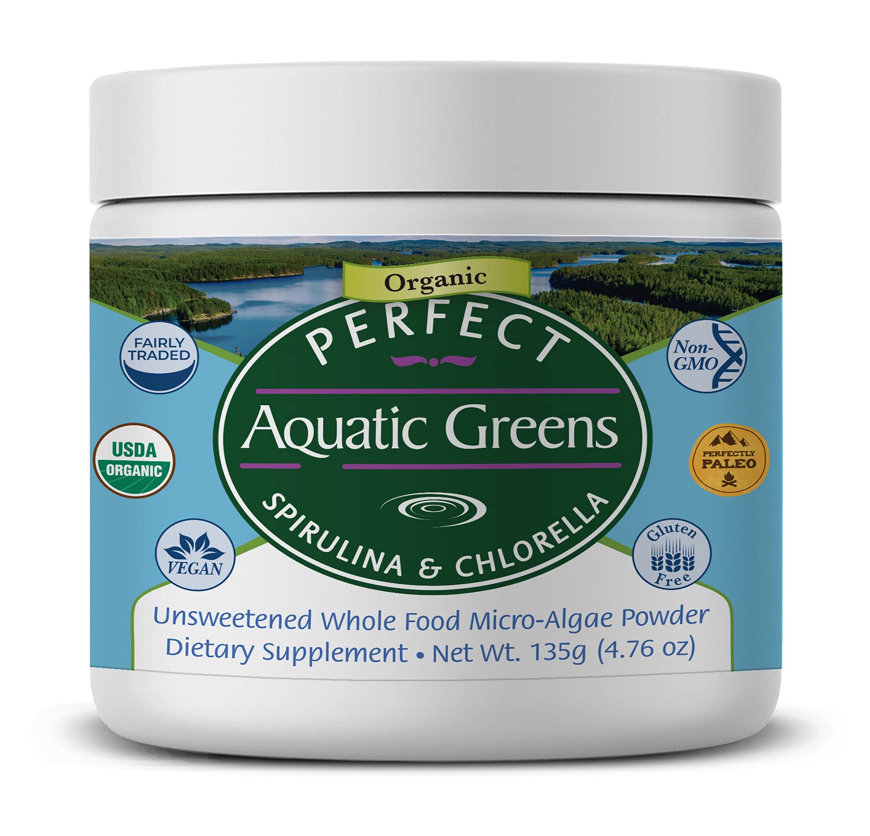 Perfect Supplements Aquatic Greens, polvo espirulina clorella para batidos.