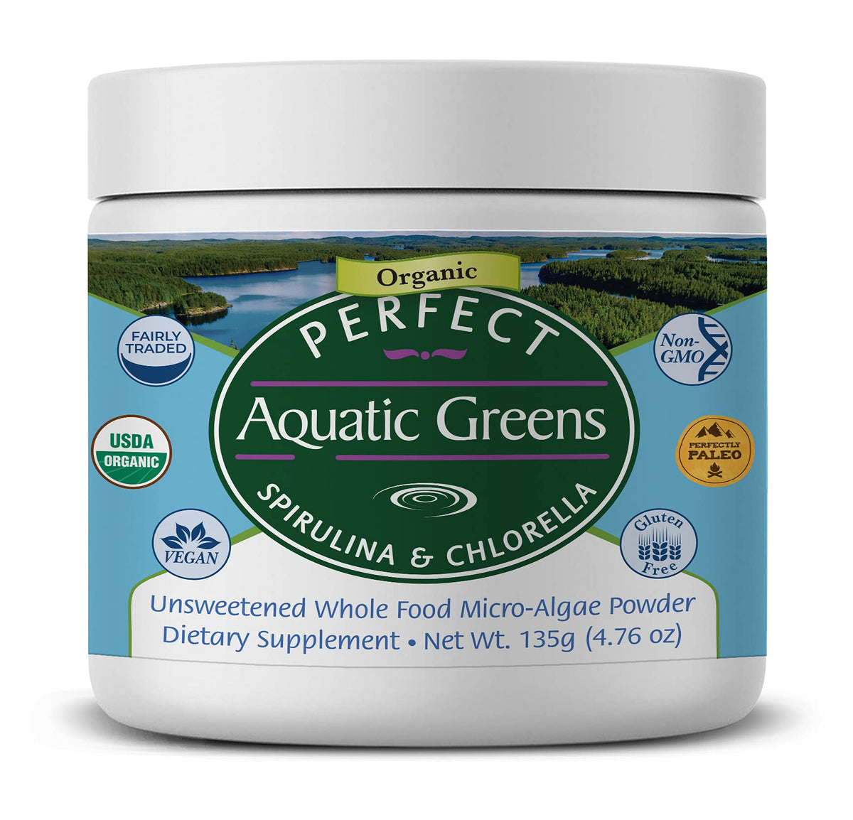 Perfect Supplements Aquatic Greens, polvo espirulina clorella para batidos.