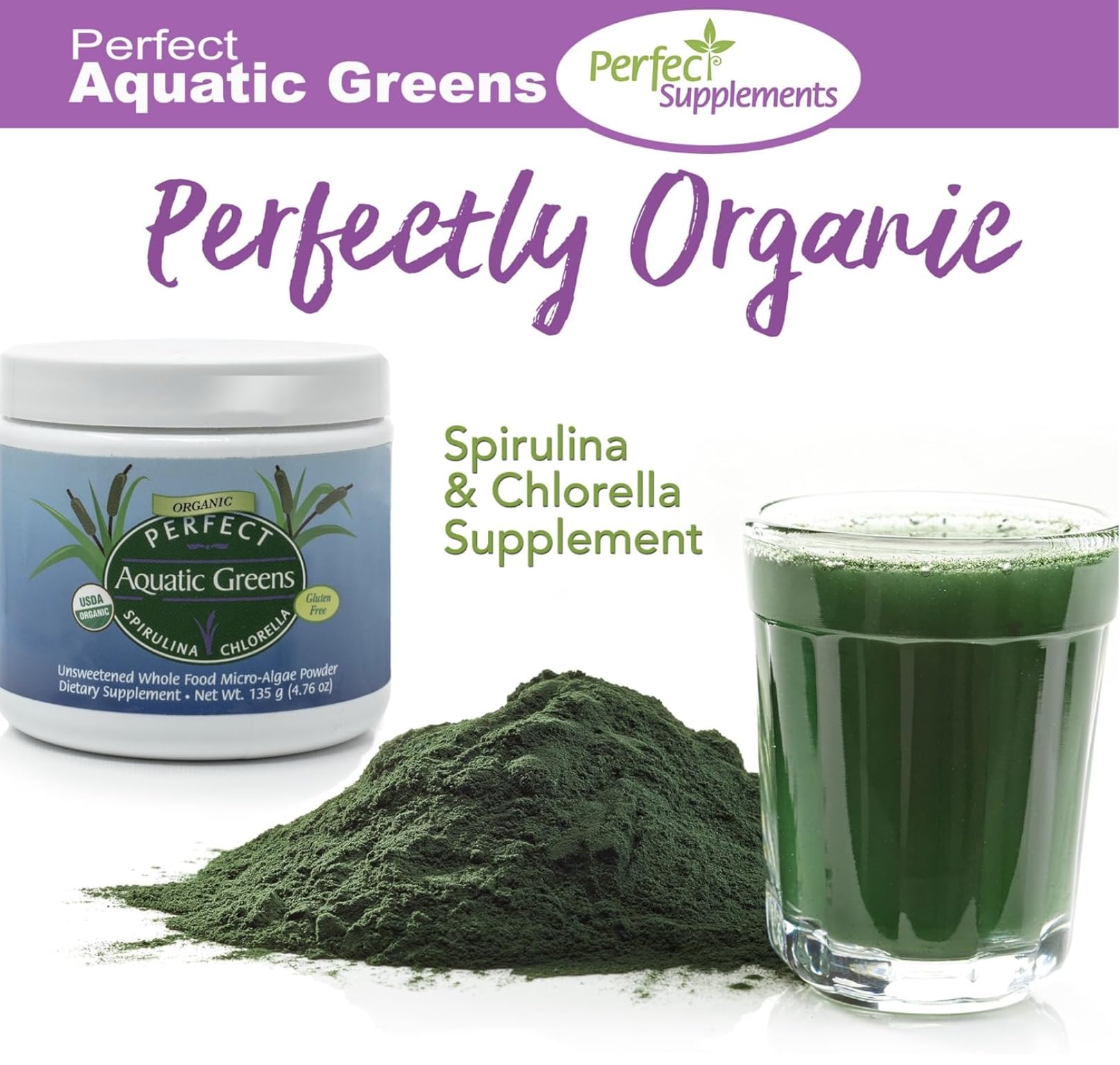 Perfect Supplements Aquatic Greens preparación en licuado para batidos rápidos.
