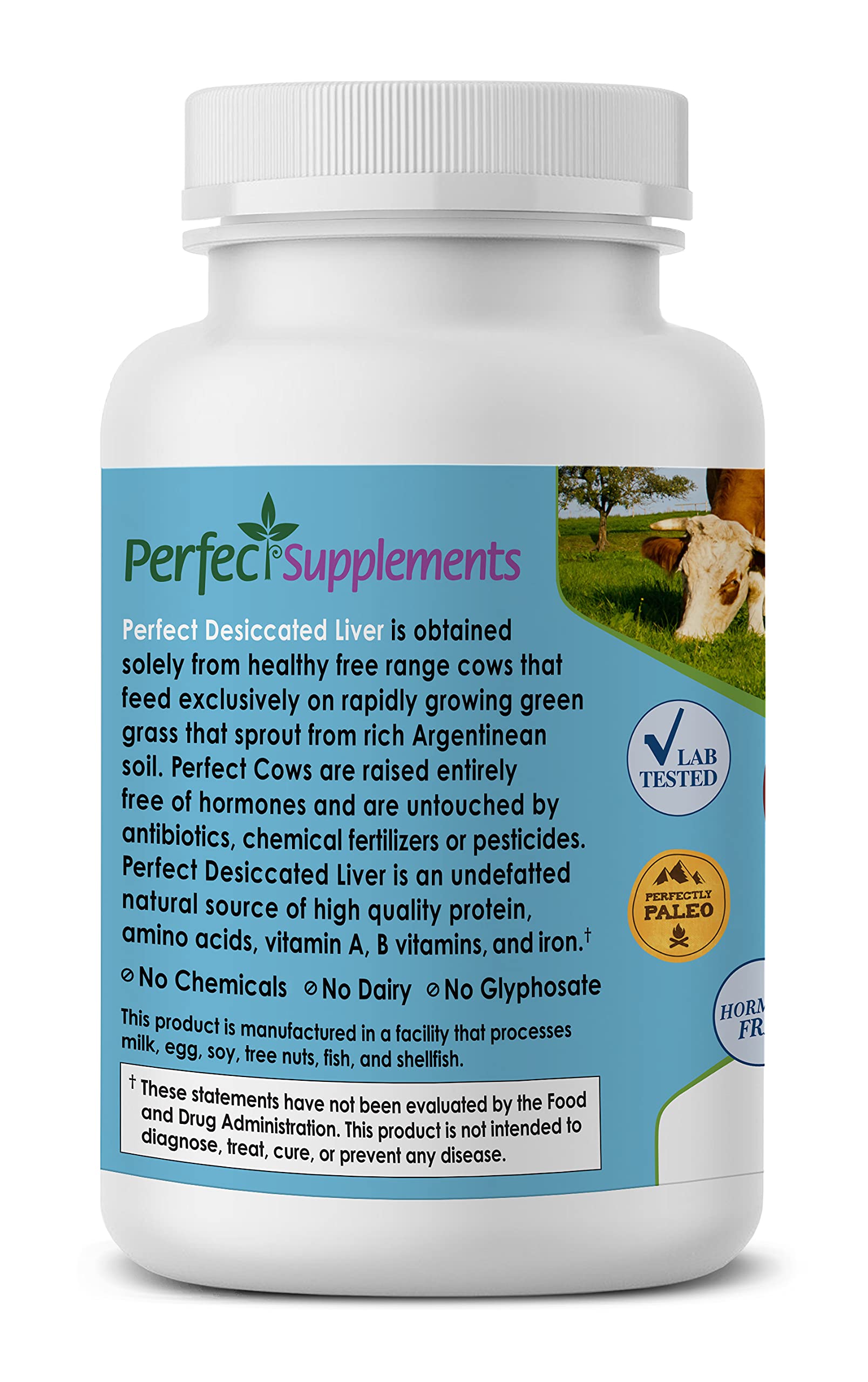 Perfect Supplements Higado desecado envase, cápsulas fáciles de ingerir sin químicos.