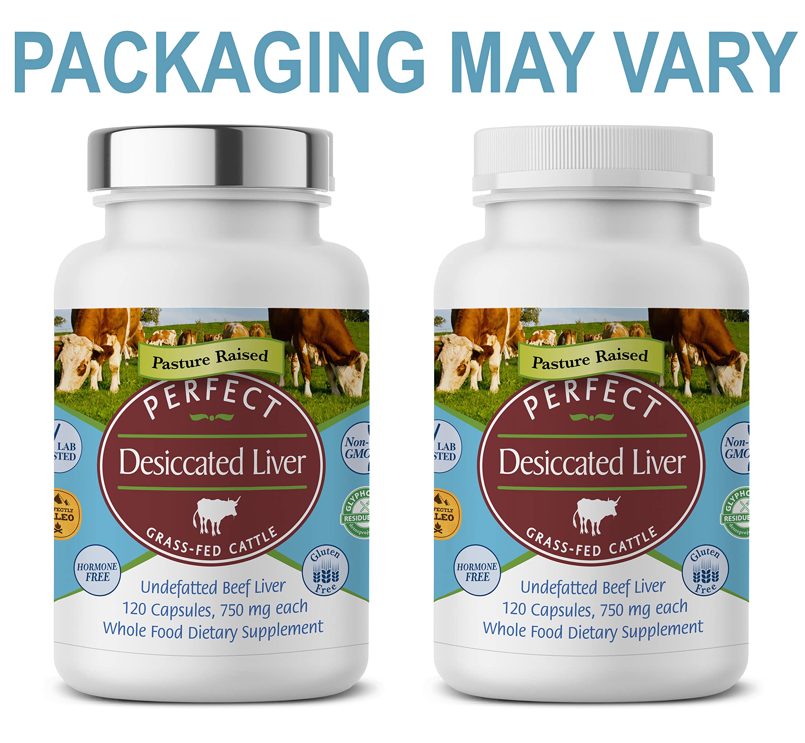 Perfect Supplements Higado desecado etiqueta frontal, diseño claro para uso diario.