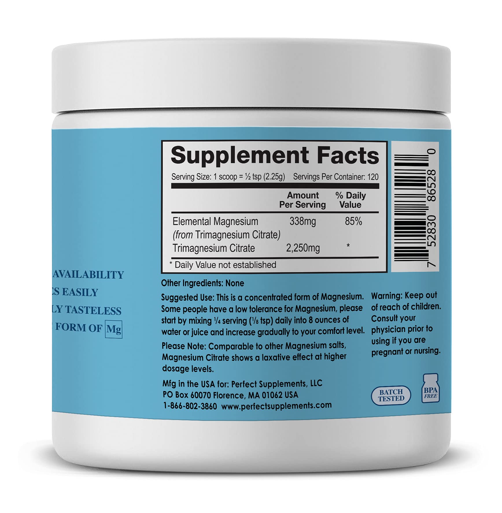 Cucharilla medidora de Perfect Supplements Magnesio Citrato para dosis precisa.