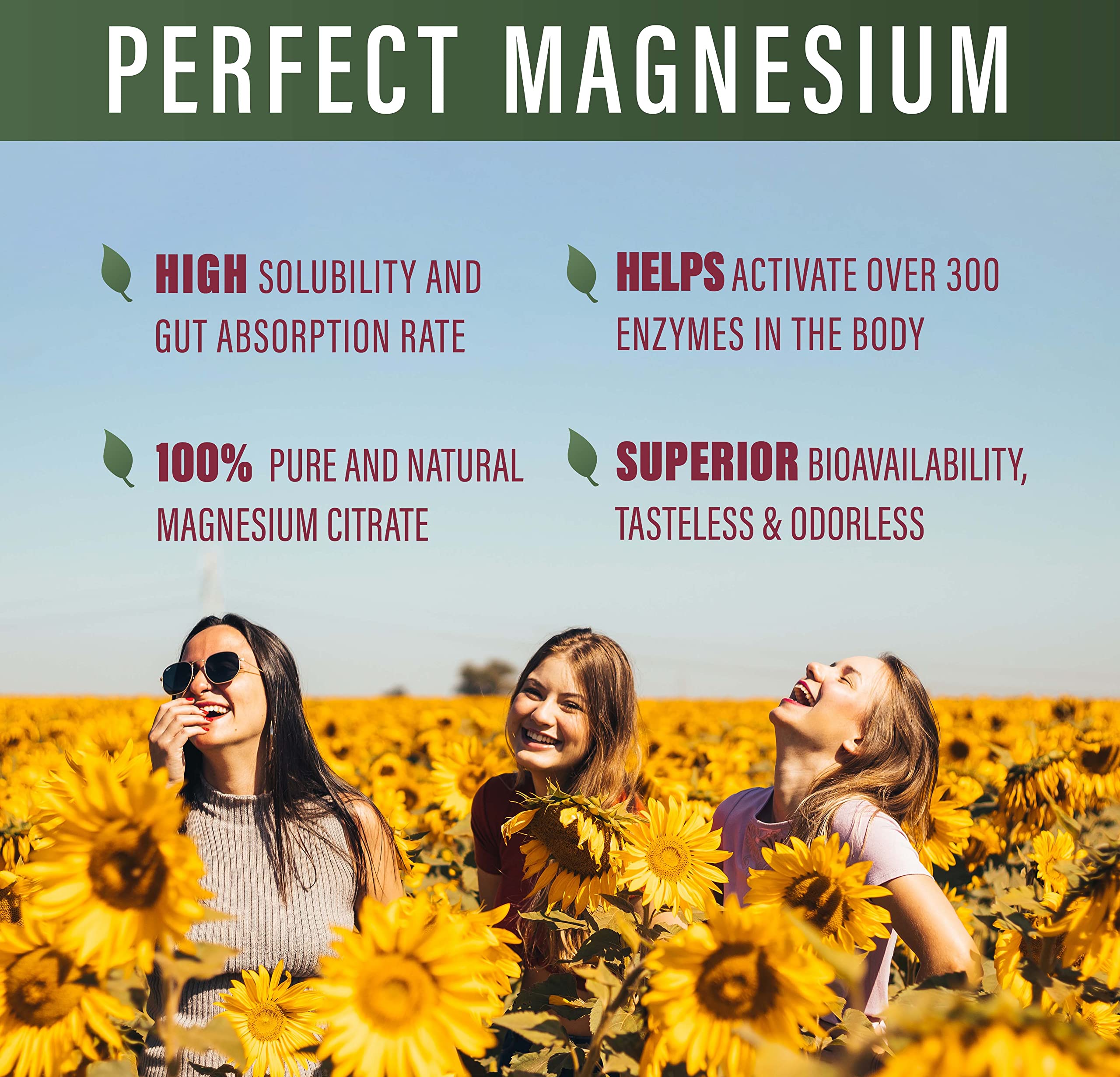 Envase de Perfect Supplements Magnesio Citrato con tapa, almacenamiento práctico.