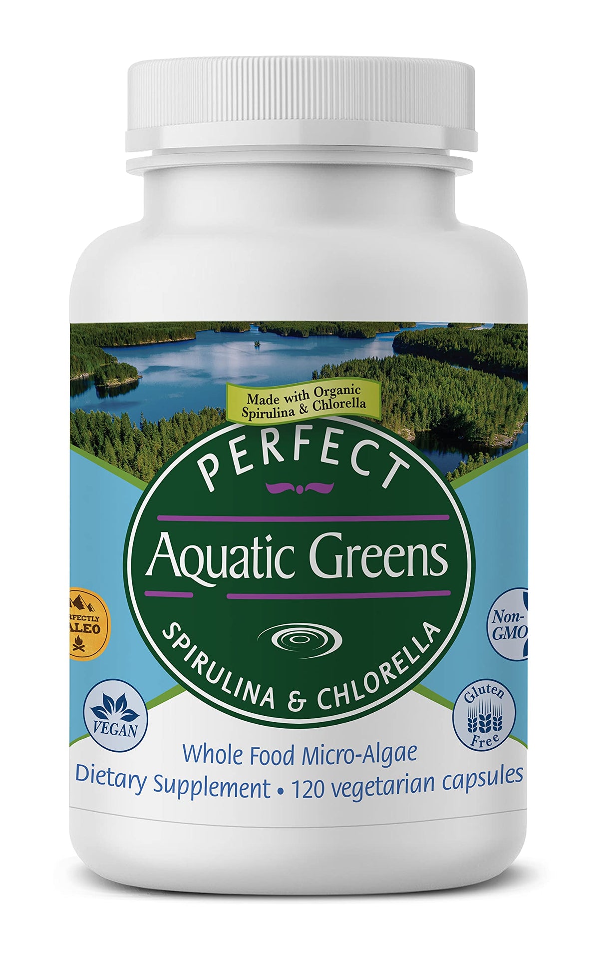 Perfect Aquatic Greens: botella de cápsulas orgánicas para aporte nutritivo diario.