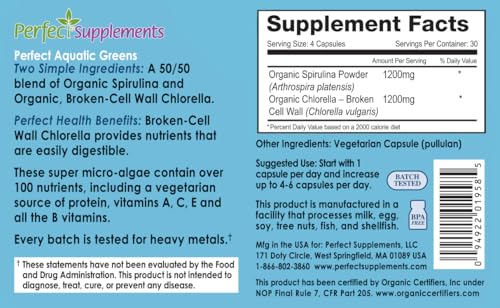 Perfect Aquatic Greens: ingredientes de espirulina y clorella para apoyo vegetal.
