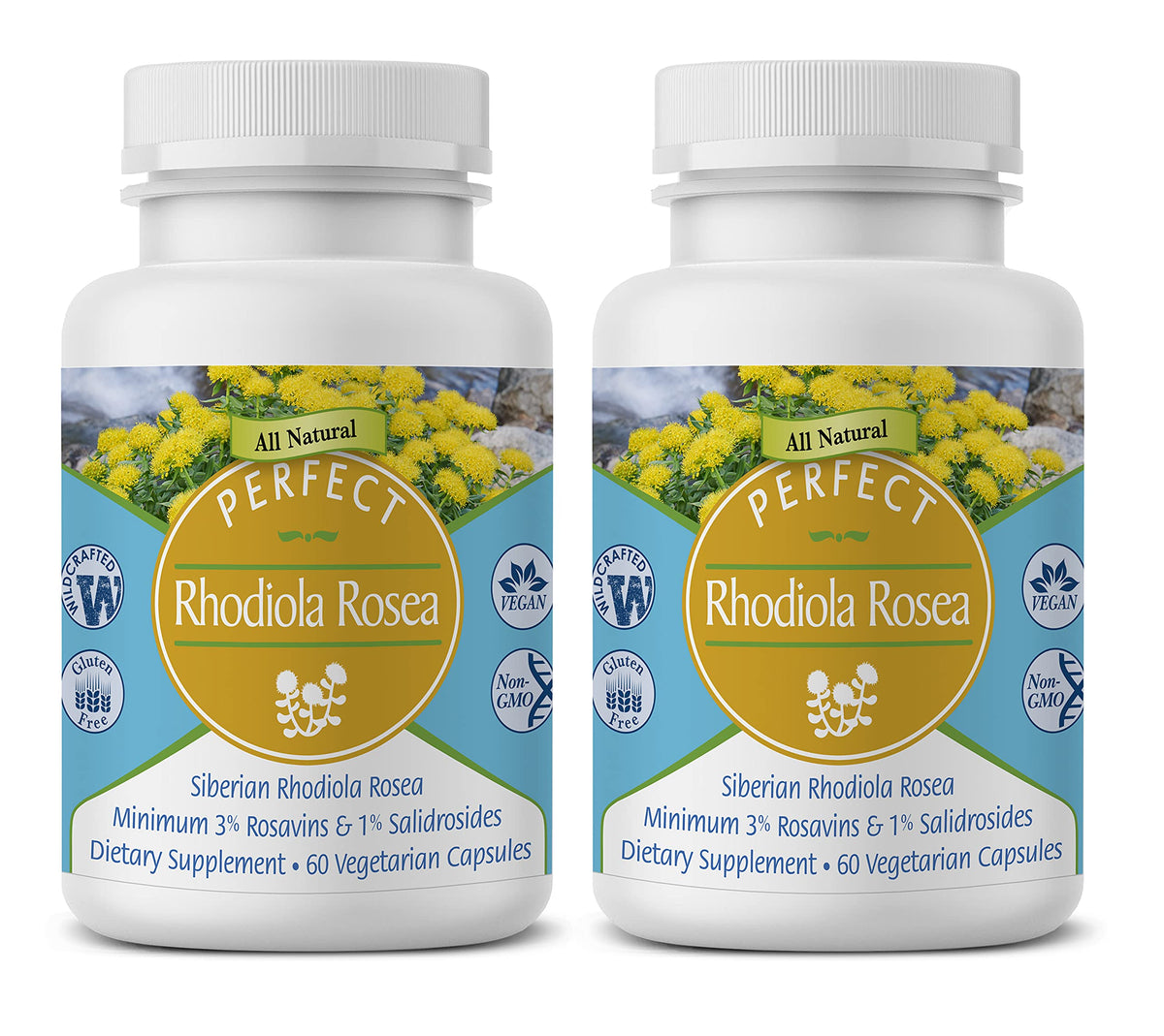 Perfect Supplements Rhodiola Rosea: botella con etiqueta, apoyo a la energía sostenida