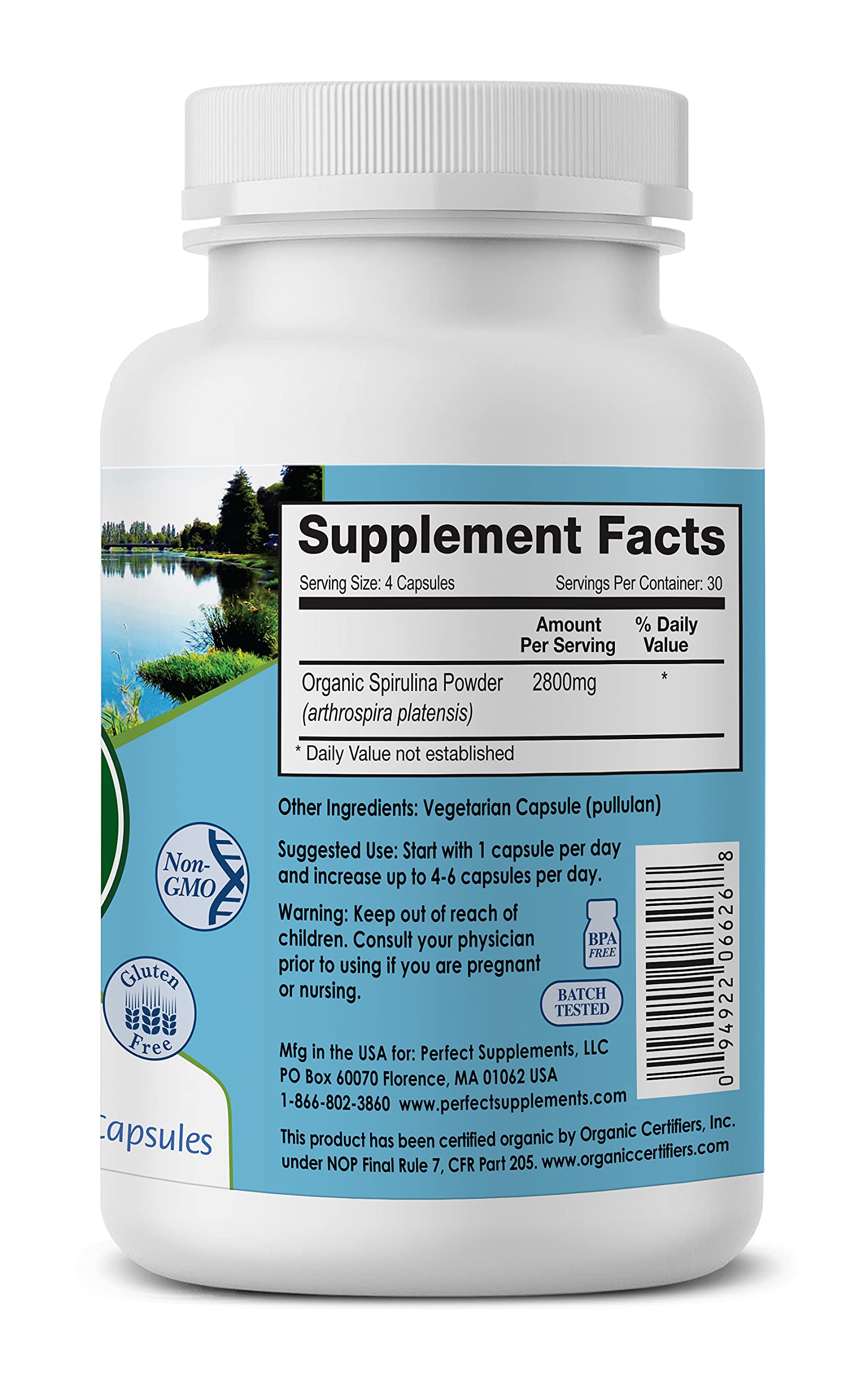 Perfect Supplements Perfect Spirulina: frasco que destaca su origen orgánico y pureza.