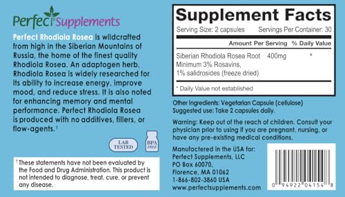 Etiqueta de Perfect Supplements Rhodiola Rosea con balance de Rosavinas y Salidrosido.