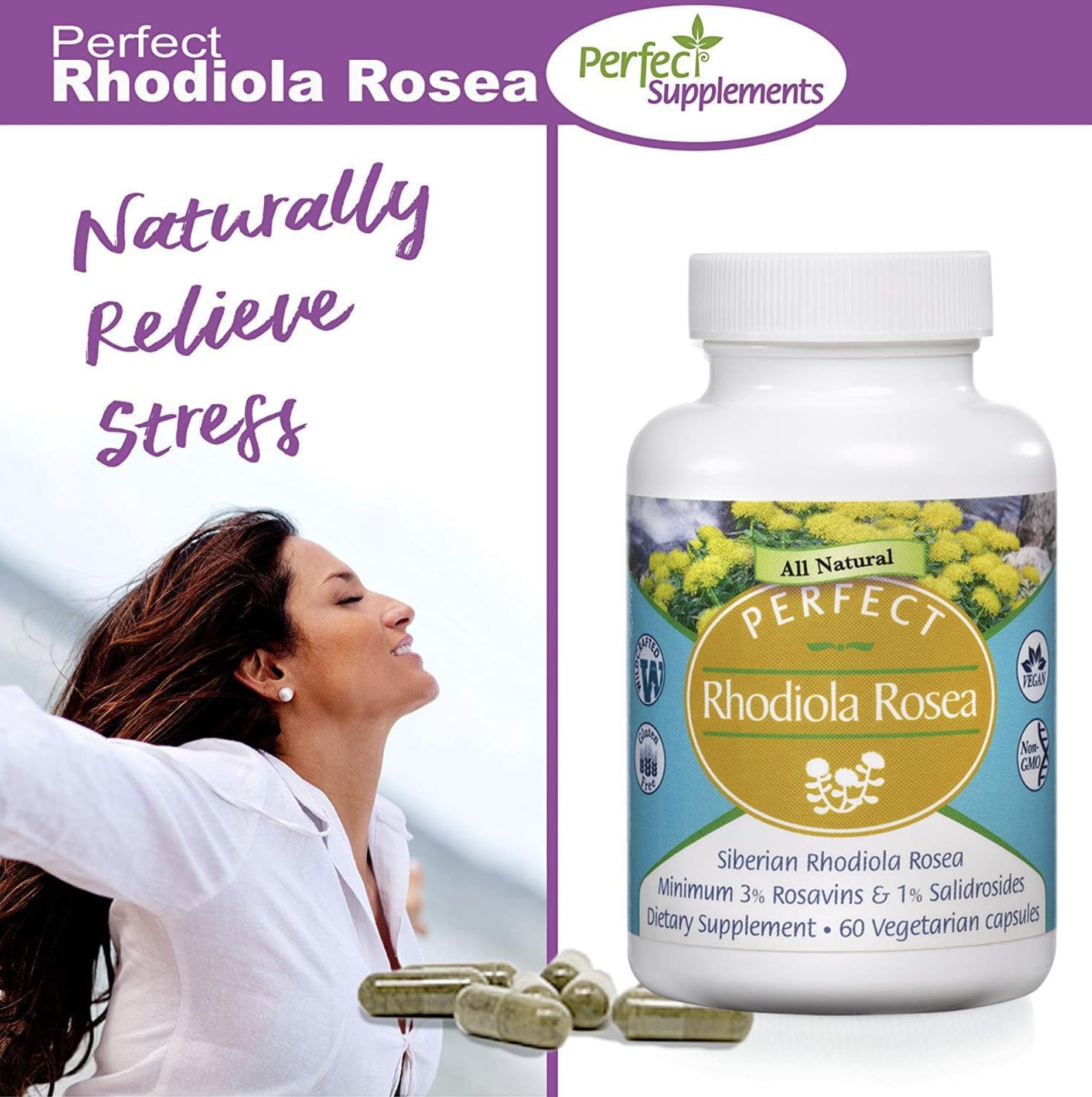 Uso diurno de Rhodiola Rosea de Perfect Supplements para energía suave.