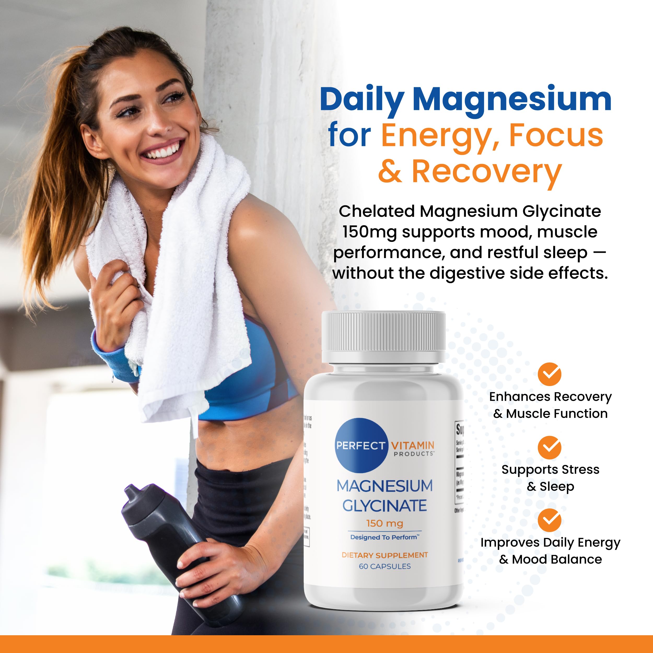 Perfect Vitamin Products cápsulas veganas de magnesio glicinato para alta absorción.