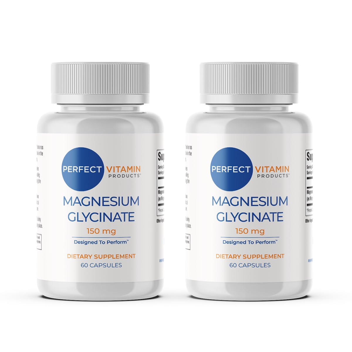 Perfect Vitamin Products magnesio glicinato 150 mg, pack de dos botellas para comodidad diaria.