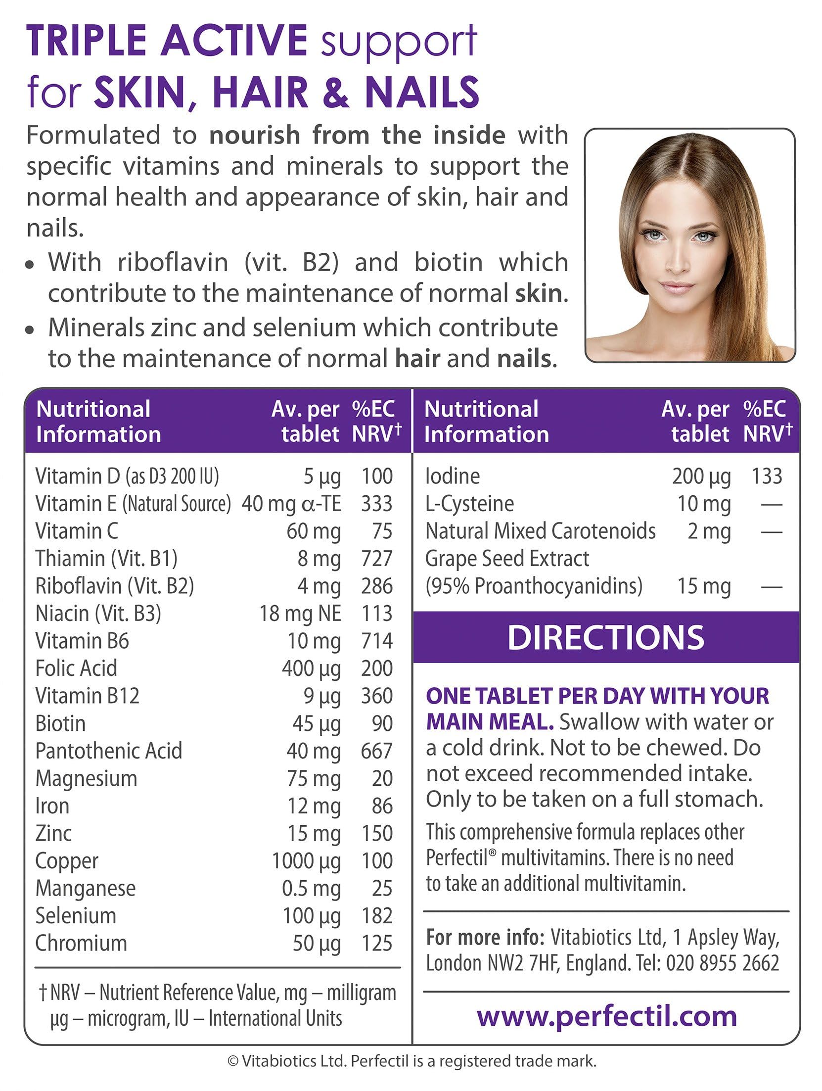 Cuidado de piel, cabello y uñas con Perfectil Triple Active.