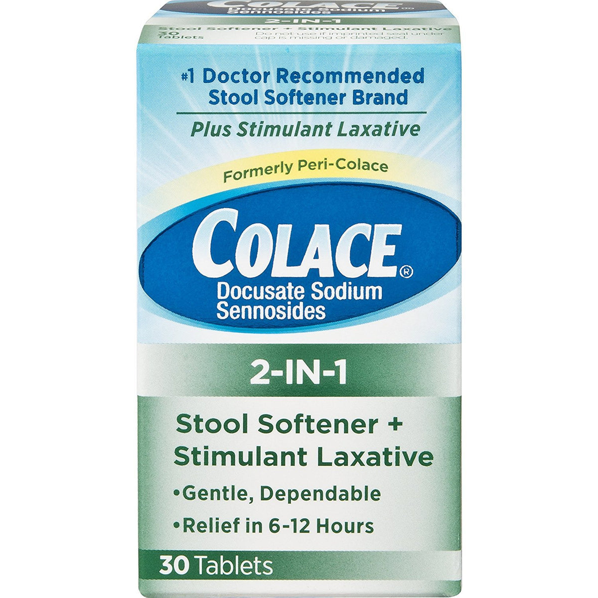 Peri-Colace tabletas dos-en-uno para uso diario suave.
