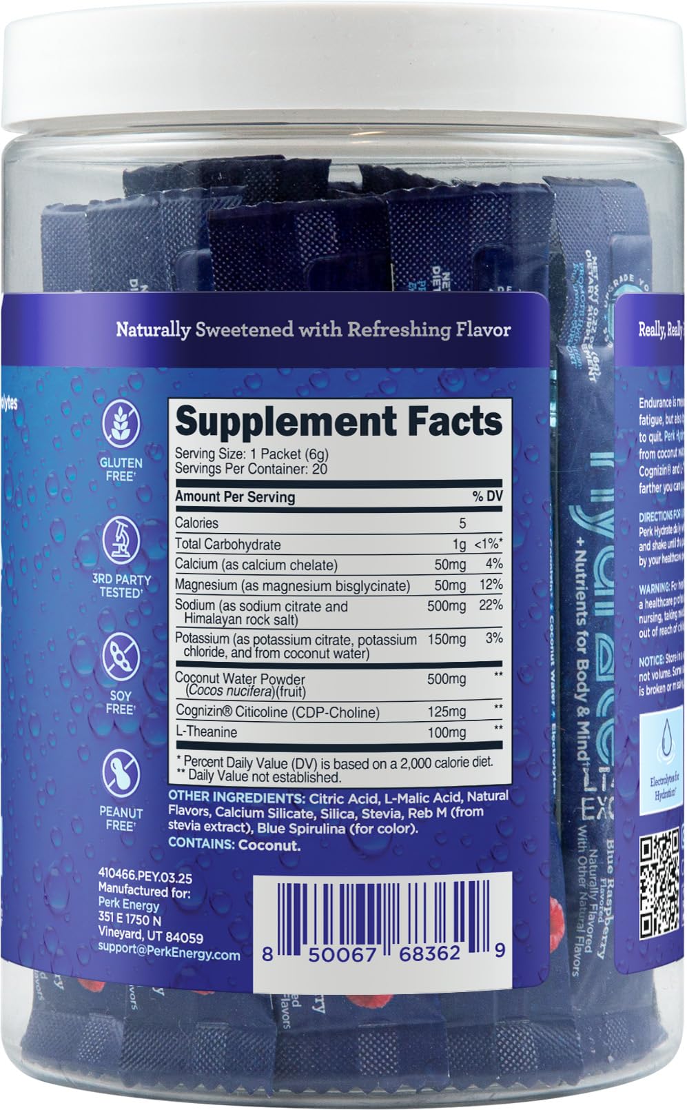 Perk Hydrate se disuelve en agua con sabor frambuesa azul.