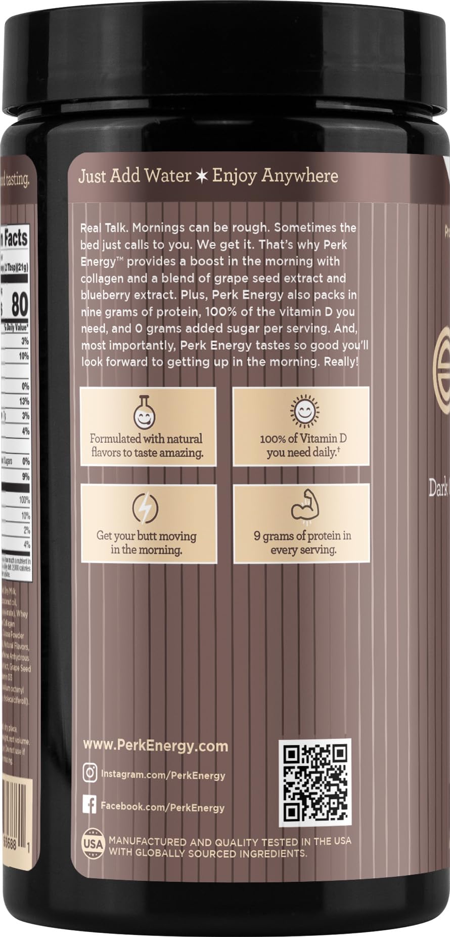 Perk Energy Drink Mix cuchara medidora, porciones precisas para proteína.