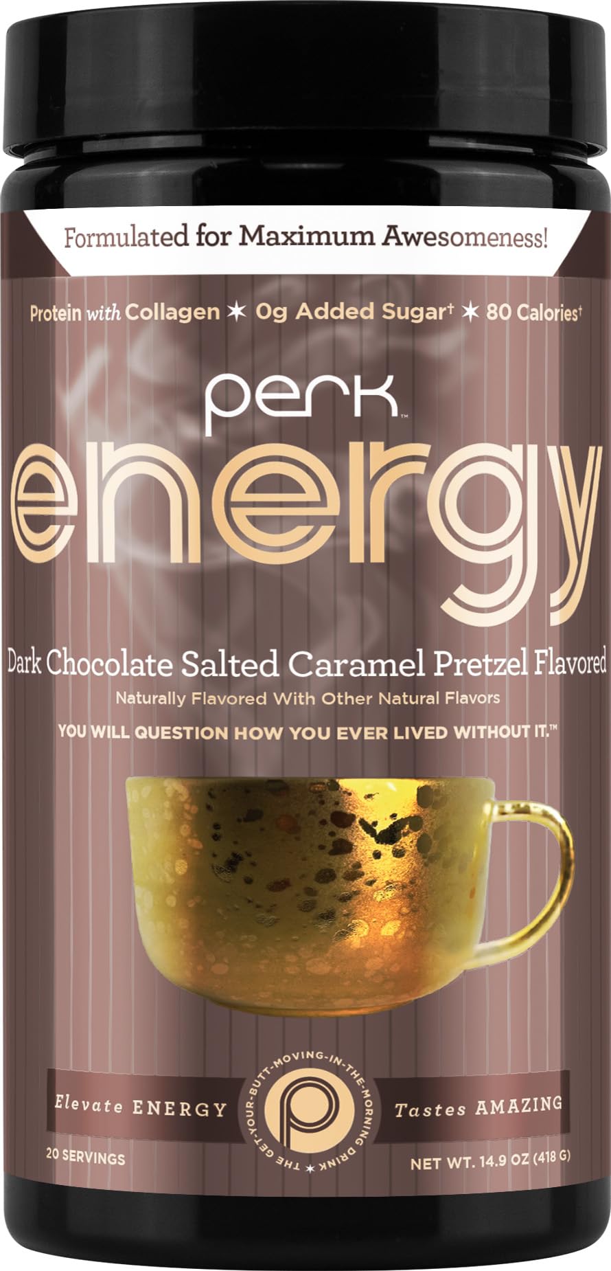 Perk Energy Drink Mix: empaque externo, proteína y cafeína para energía diaria.