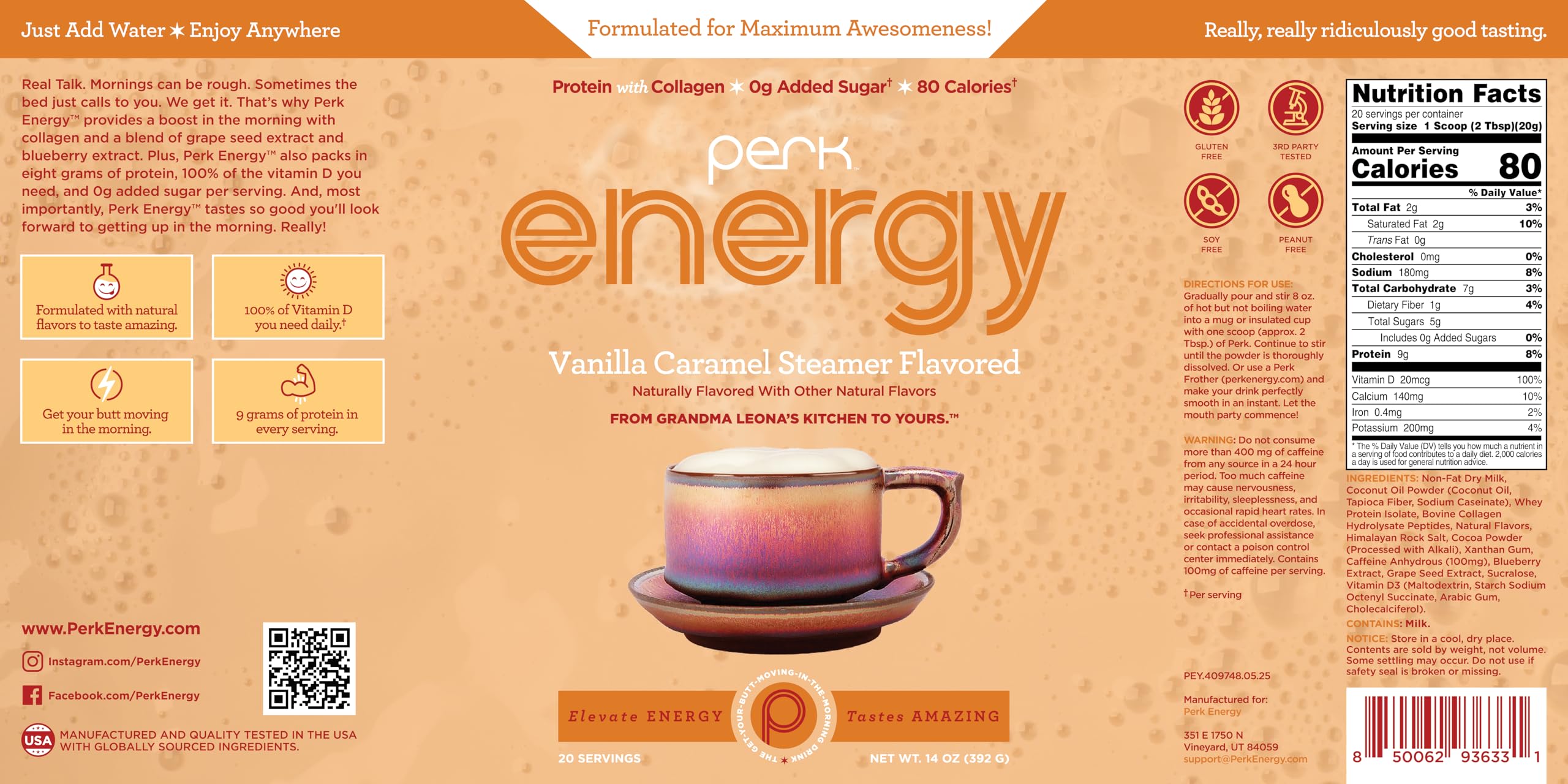 Perk Energy Drink Mix, envase con ingredientes libres de gluten, soja y maní, para necesidades específicas.