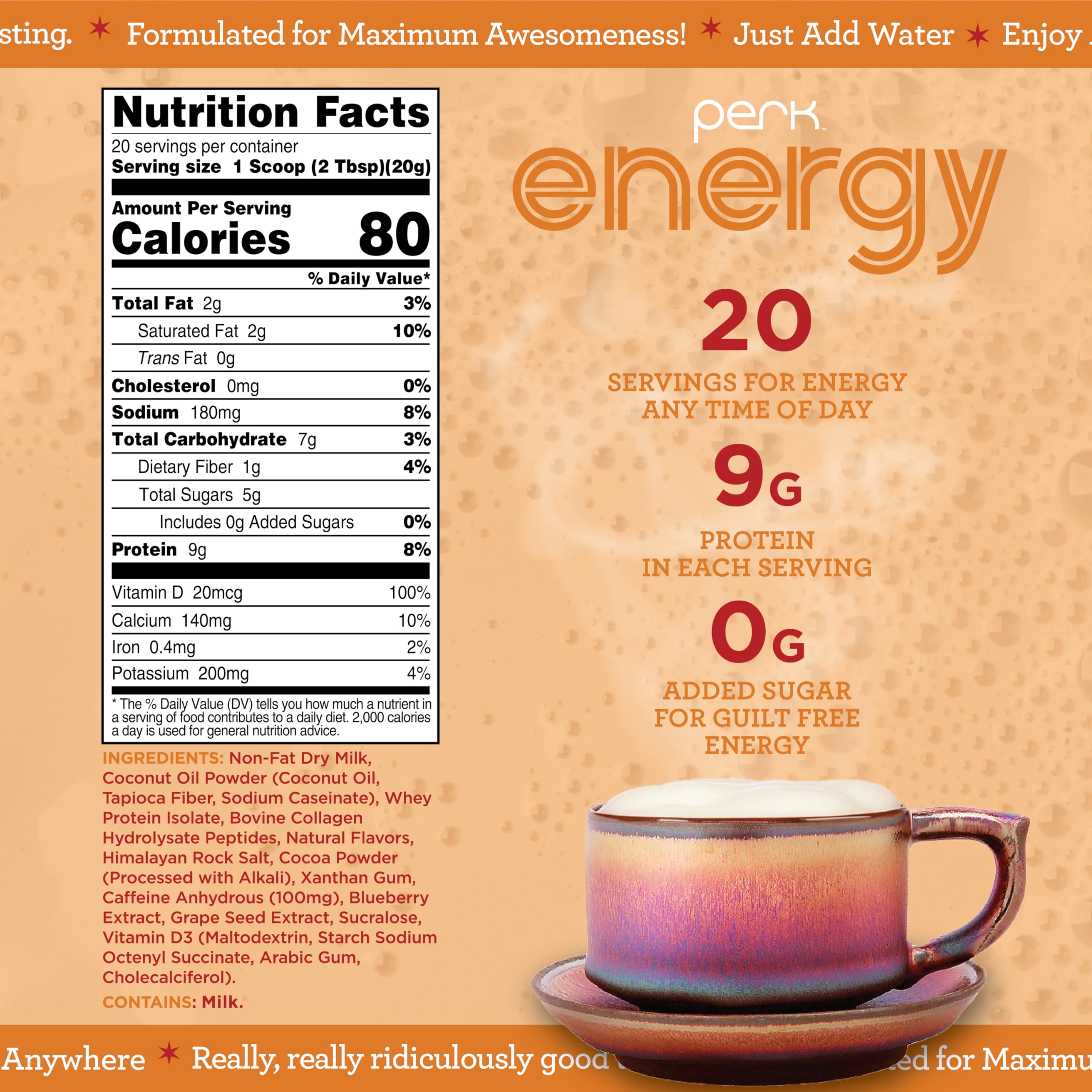 Perk Energy Drink Mix en envase portátil, perfecto para llevar durante el estudio.