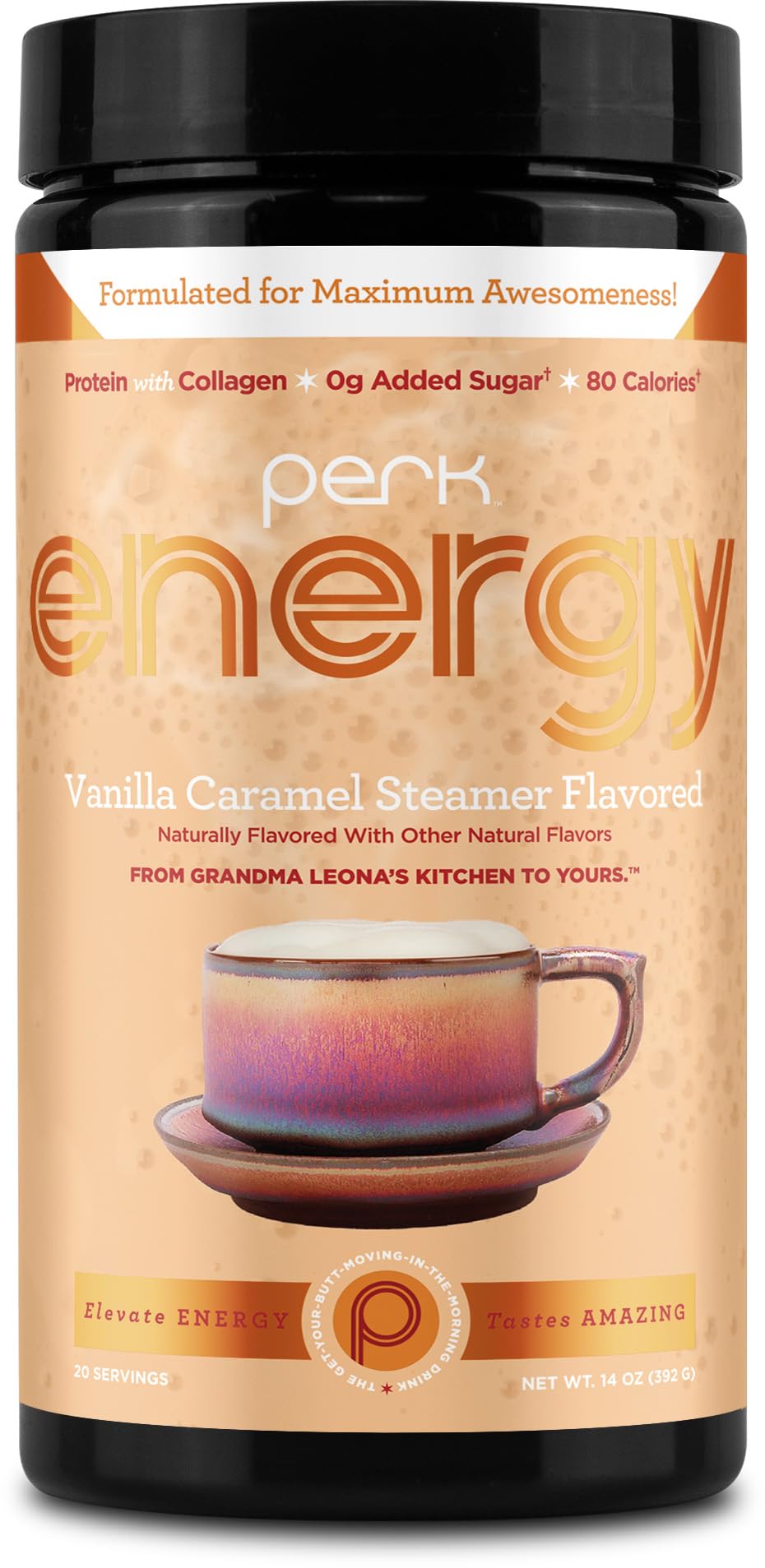 Perk Energy Drink Mix en taza mostrando sabor vainilla caramelo, ideal para un impulso de energía suave.