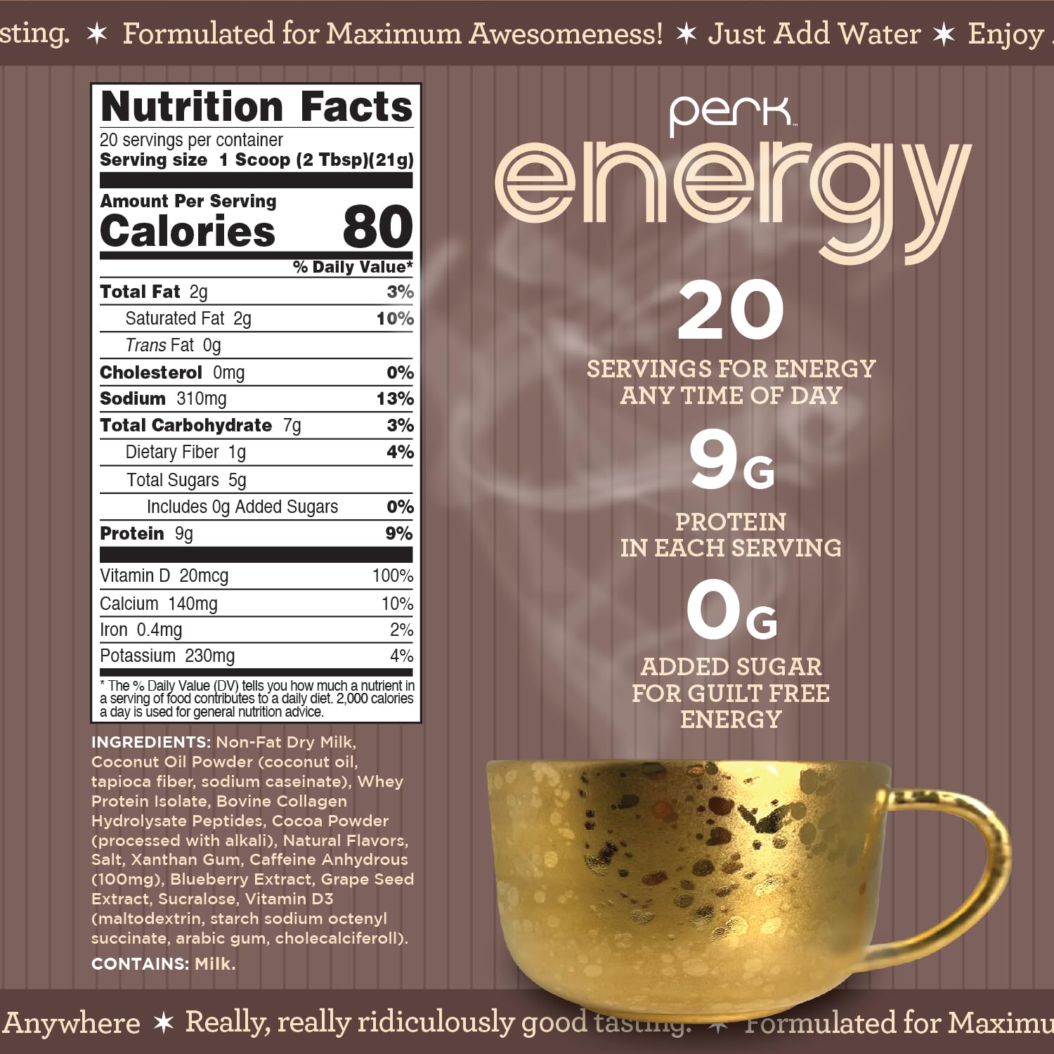 Perk Energy Drink Mix en taza caliente, sabor cremoso y reconfortante.