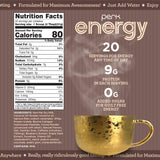 Perk Energy Drink Mix en taza caliente, sabor cremoso y reconfortante.