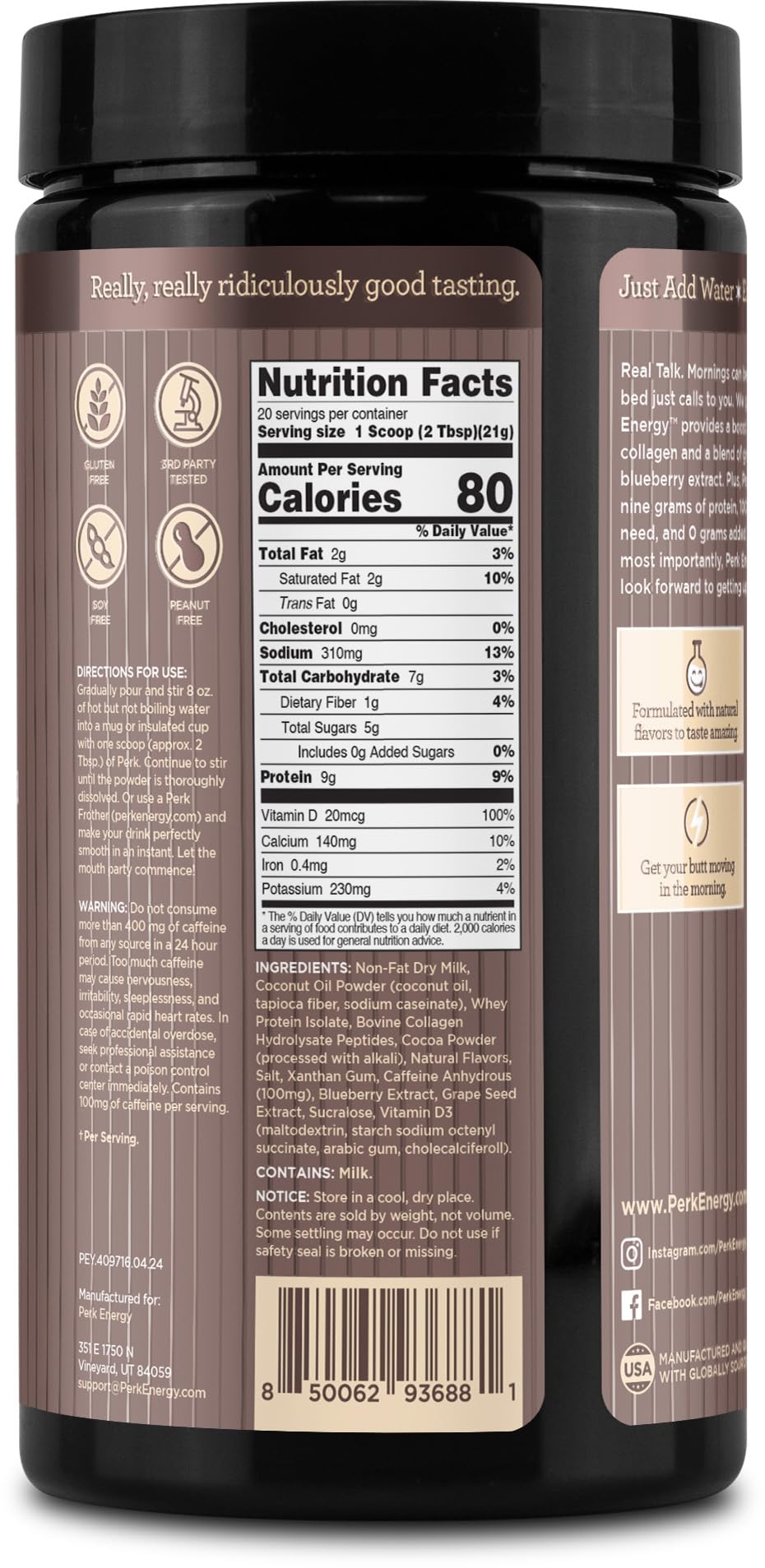 Perk Energy Drink Mix textura cremosa de chocolate y caramelo.
