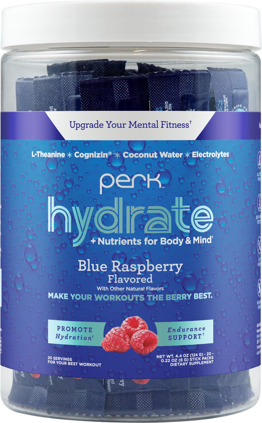 Perk Hydrate stickpacks frambuesa azul para hidratación rápida.