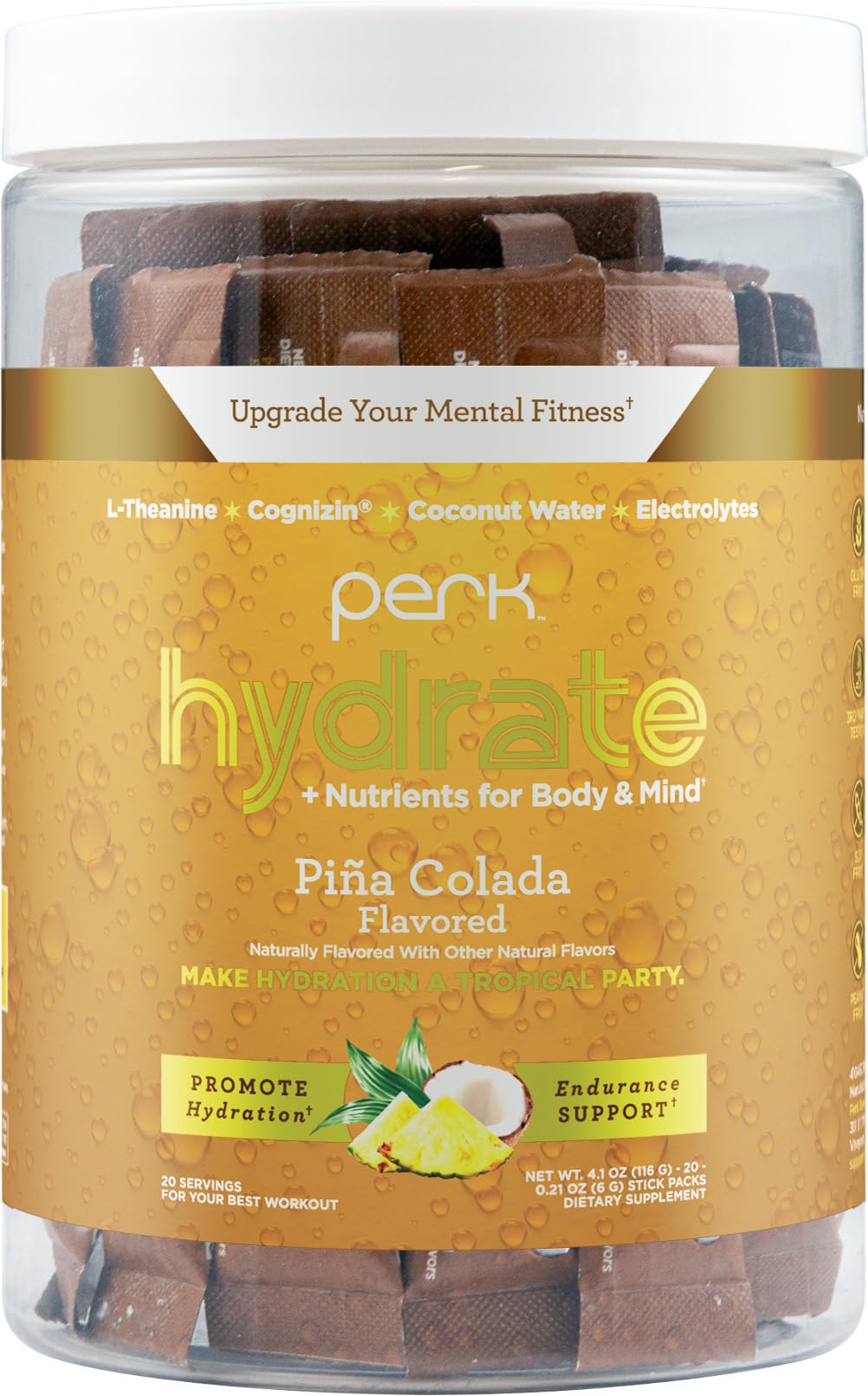 Perk Hydrate stickpack sabor piña colada, hidratación rápida y refrescante.