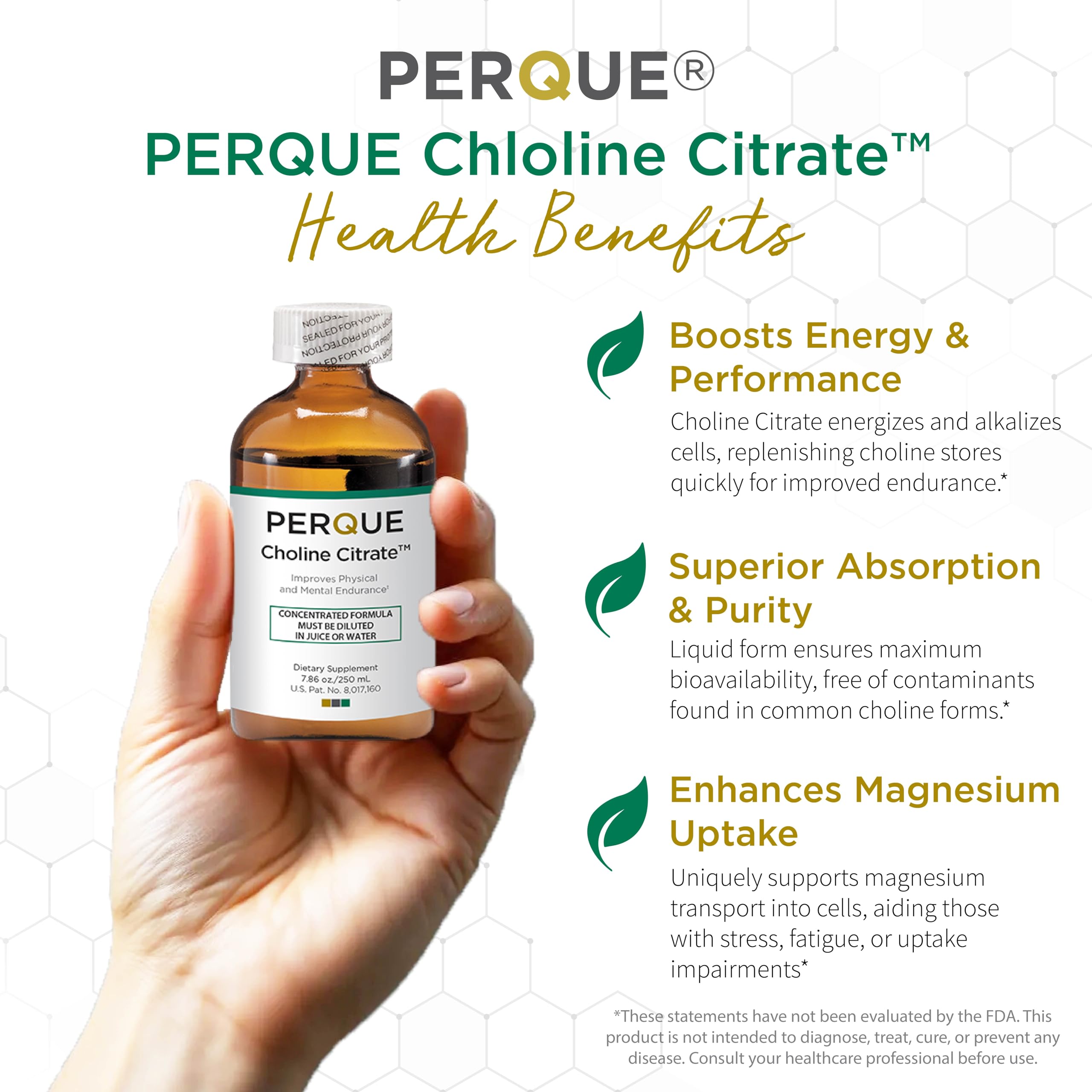 PERQUE Choline Citrate, etiqueta clara para identificar dosis y uso diario.