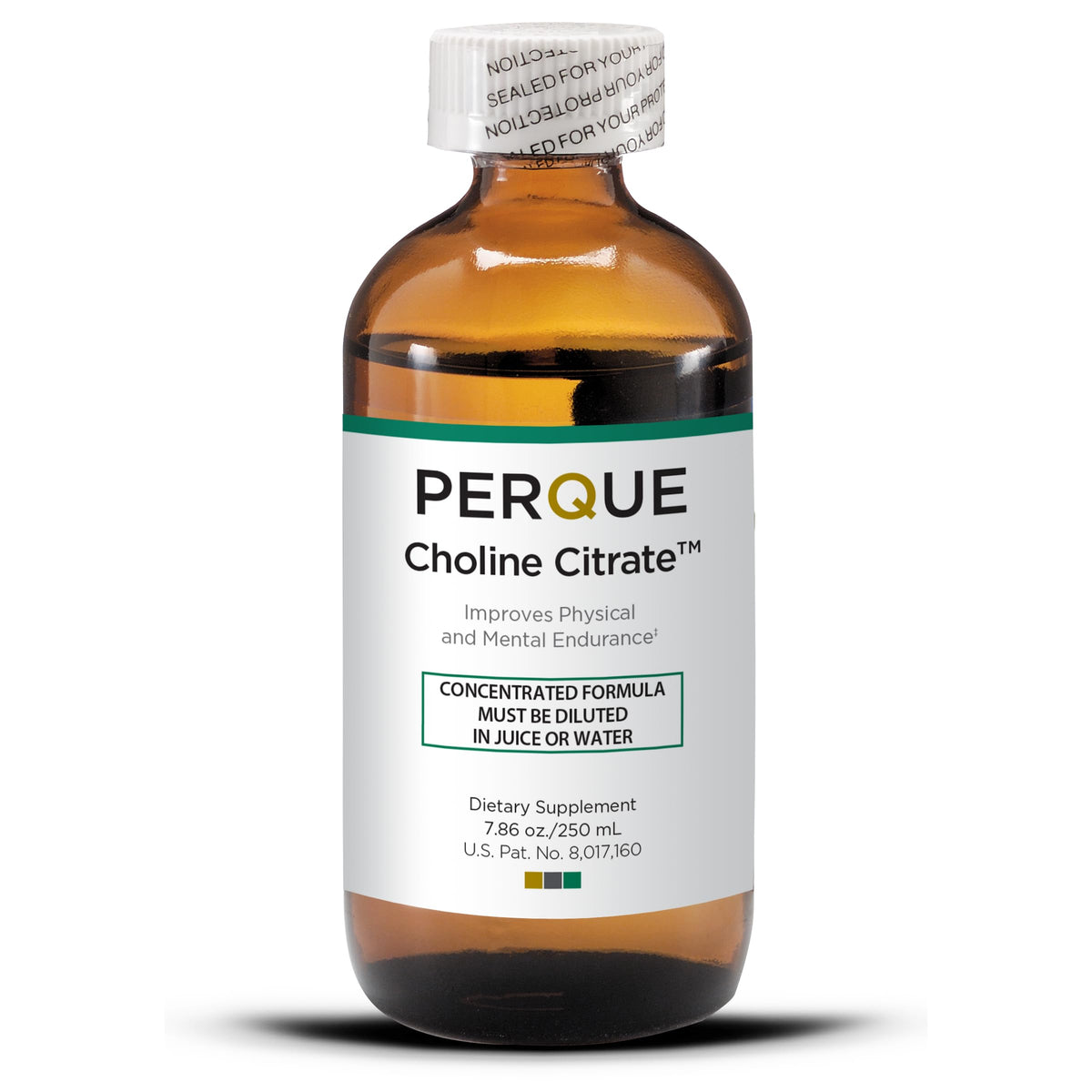 PERQUE Choline Citrate, vertido en botella para una administración suave y rápida.