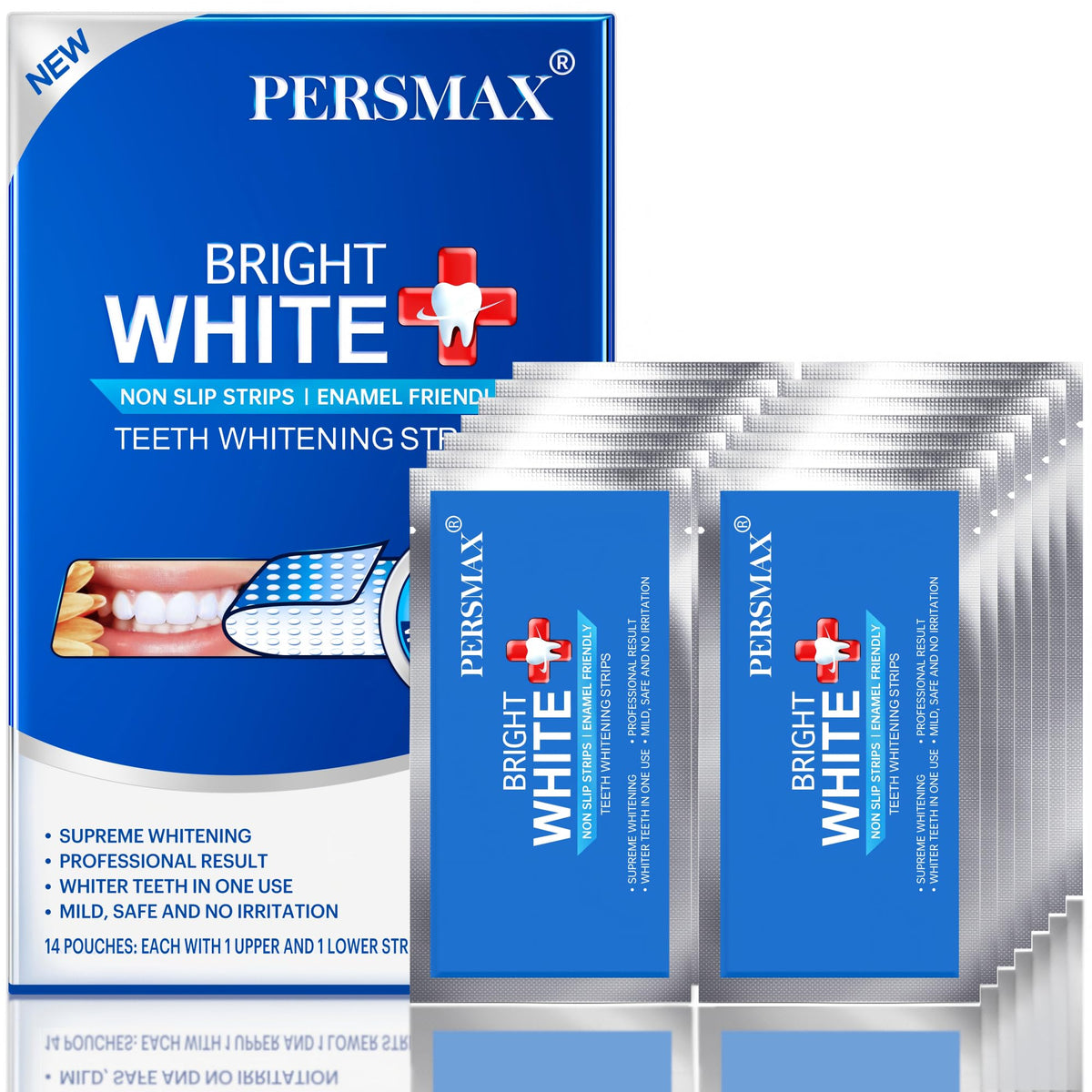 PERSMAX tiras blanqueamiento dental, mejora visible de la sonrisa con uso diario.