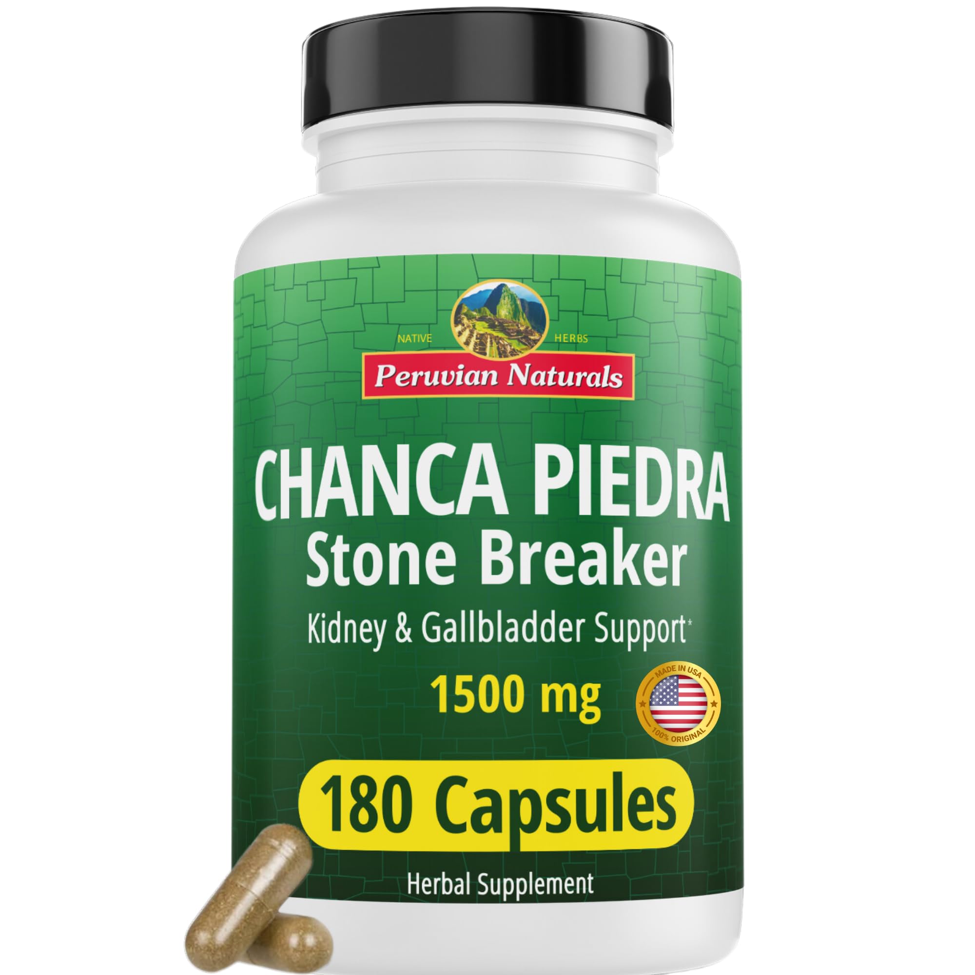 Peruvian Naturals Chanca Piedra cápsulas, frasco; apoyo a la salud urinaria y renal.
