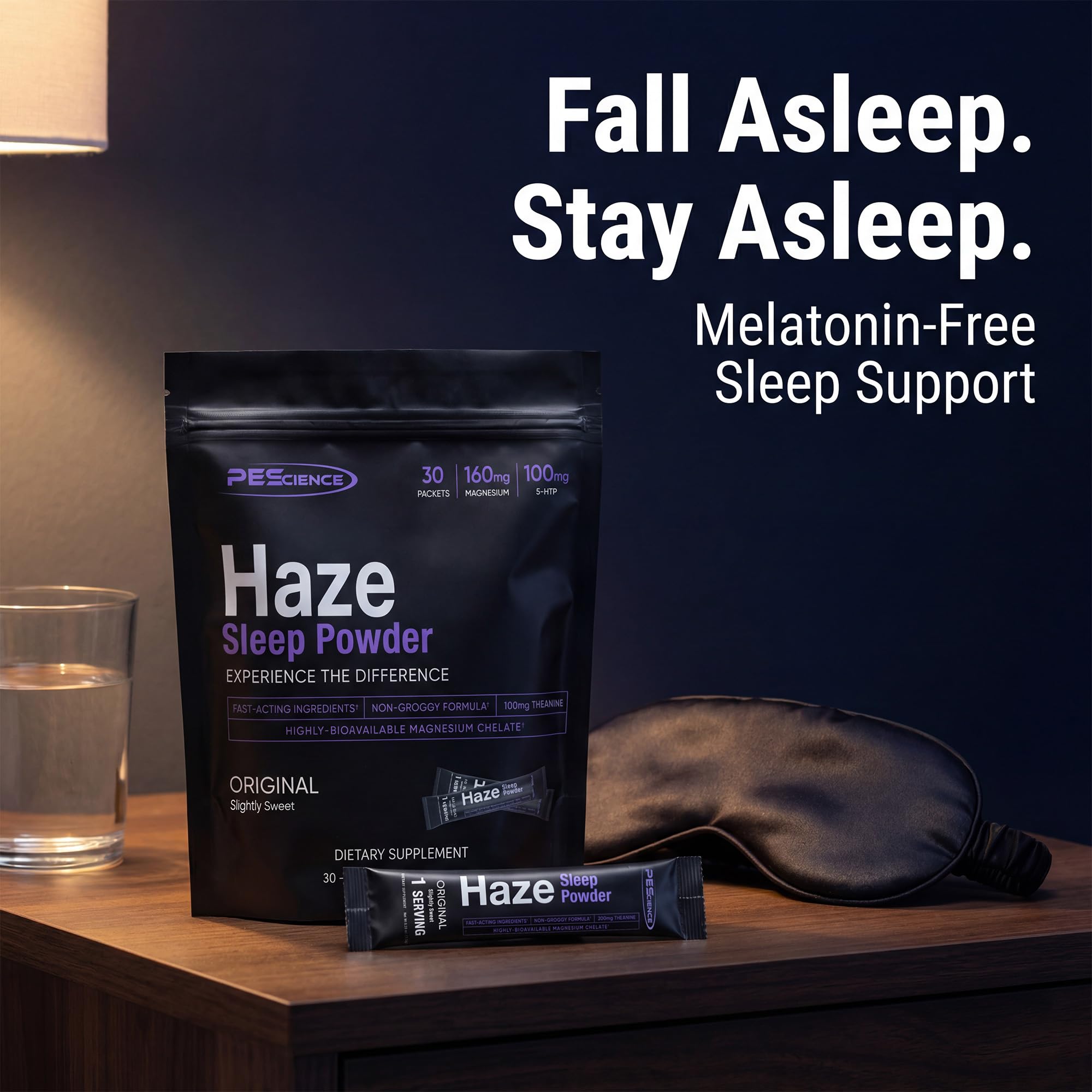 PEScience Haze Sleep Powder botella exhibe un envase práctico para la noche.