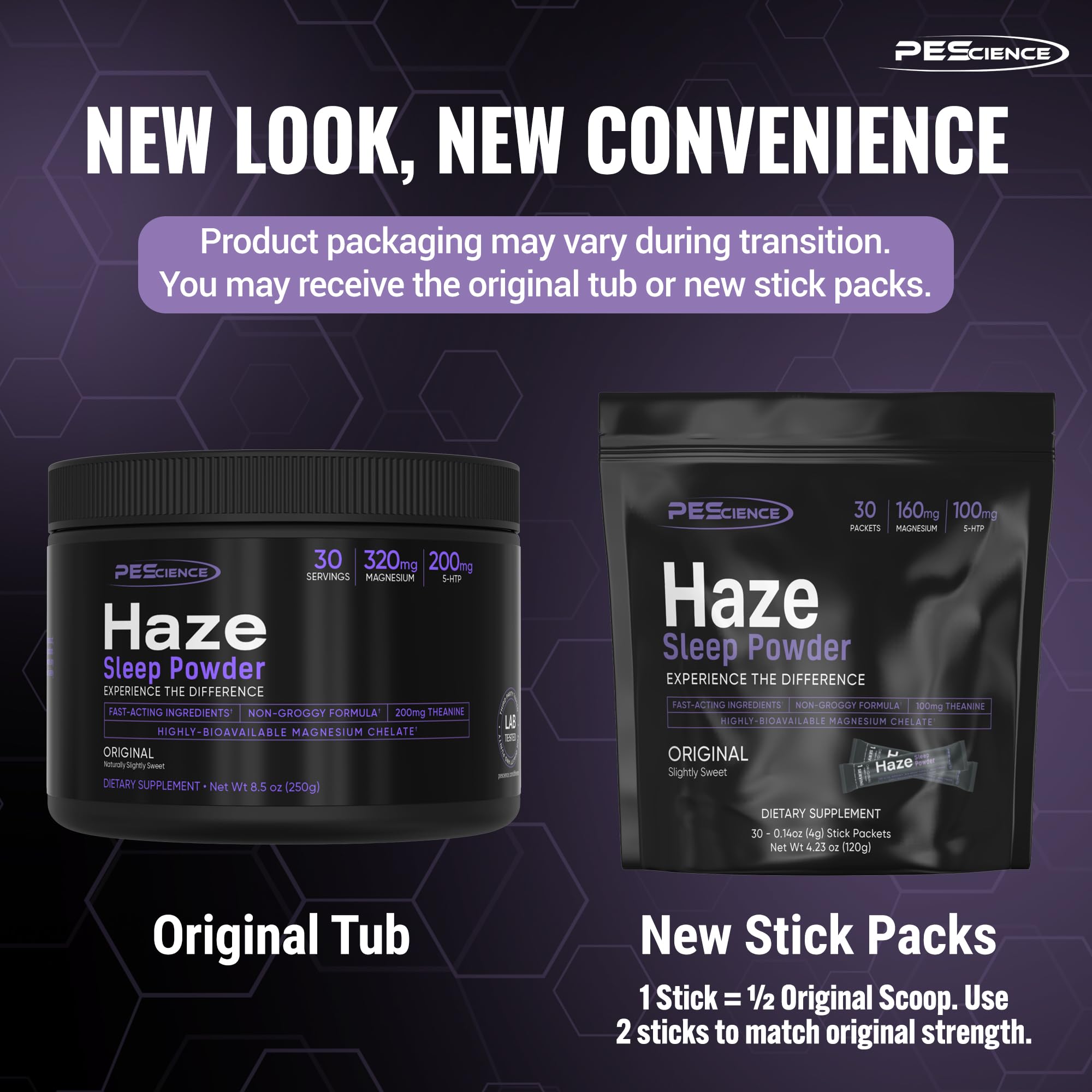 PEScience Haze Sleep Powder etiqueta resalta magnesio y 5-HTP para un descanso equilibrado.
